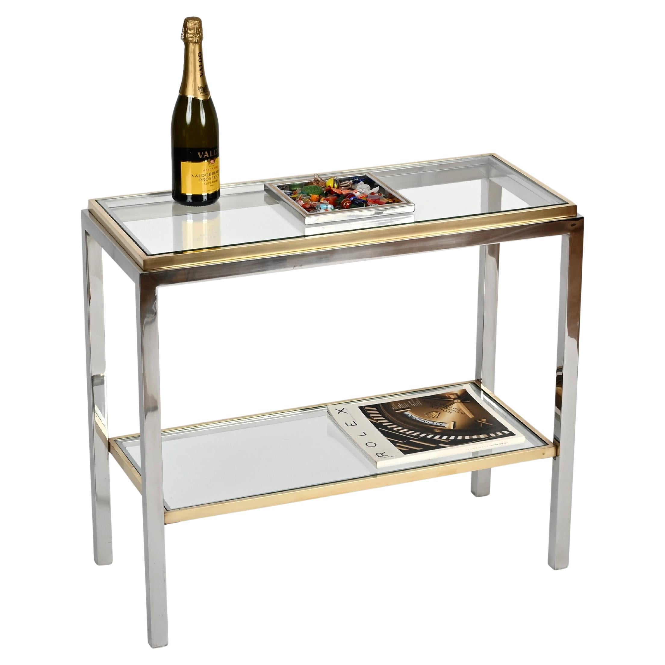 Romeo Rega Brass and Chrome Console or Side Table, Italy 1970s For Sale
