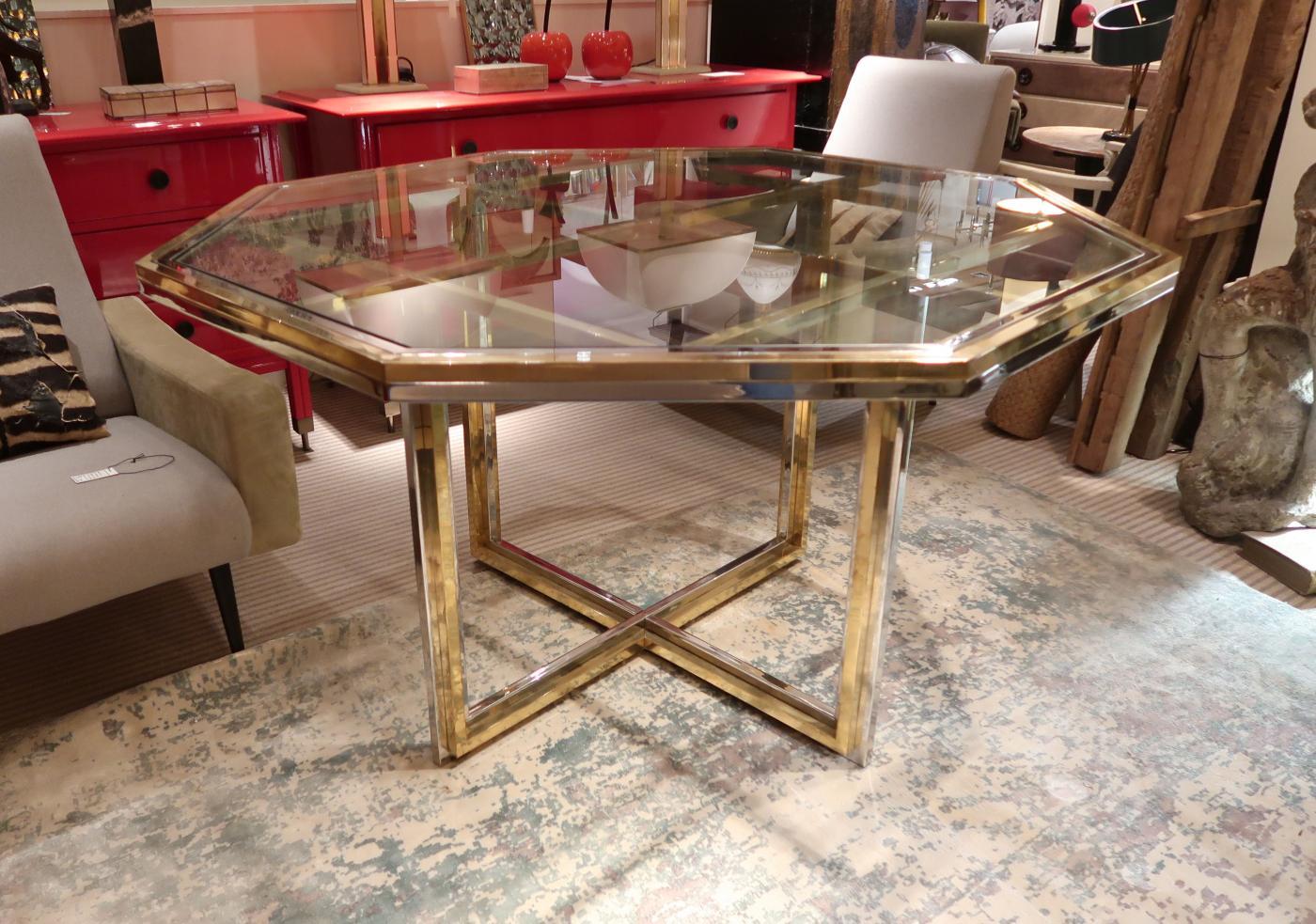 Mid-Century Modern Romeo Rega, Brass and Chromed Octagonal Midcentury Dining Table, 1970 For Sale