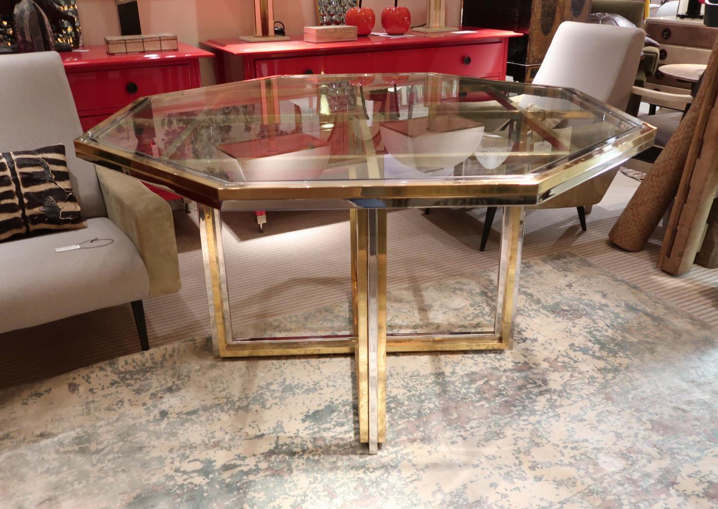 Italian Romeo Rega, Brass and Chromed Octagonal Midcentury Dining Table, 1970 For Sale