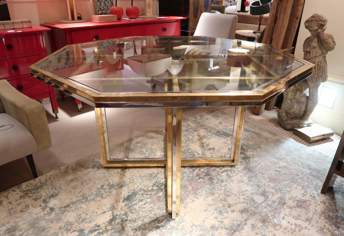 Late 20th Century Romeo Rega, Brass and Chromed Octagonal Midcentury Dining Table, 1970 For Sale