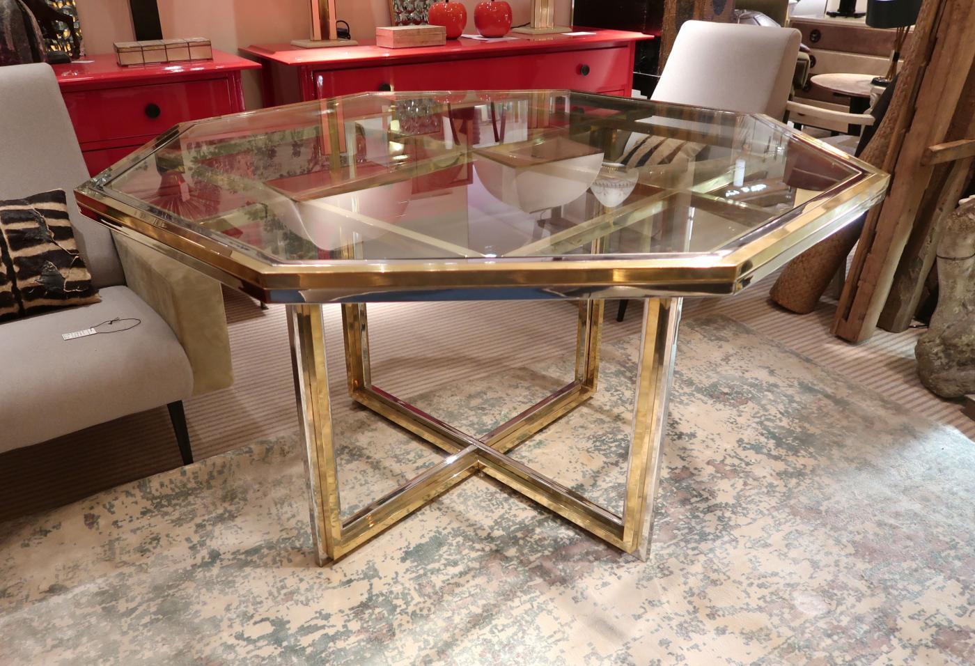 Romeo Rega, Brass and Chromed Octagonal Midcentury Dining Table, 1970 For Sale 1