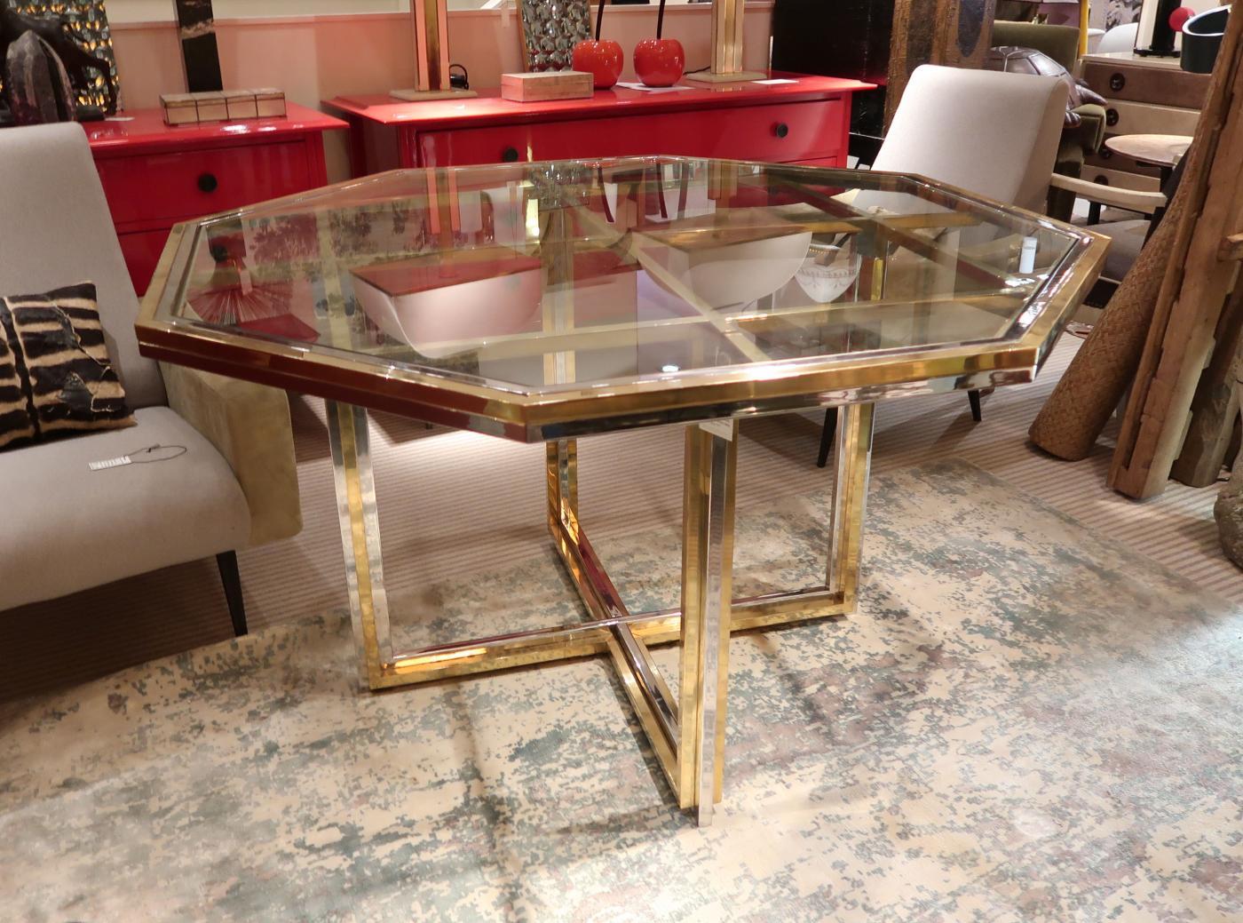 Romeo Rega, Brass and Chromed Octagonal Midcentury Dining Table, 1970 For Sale 3