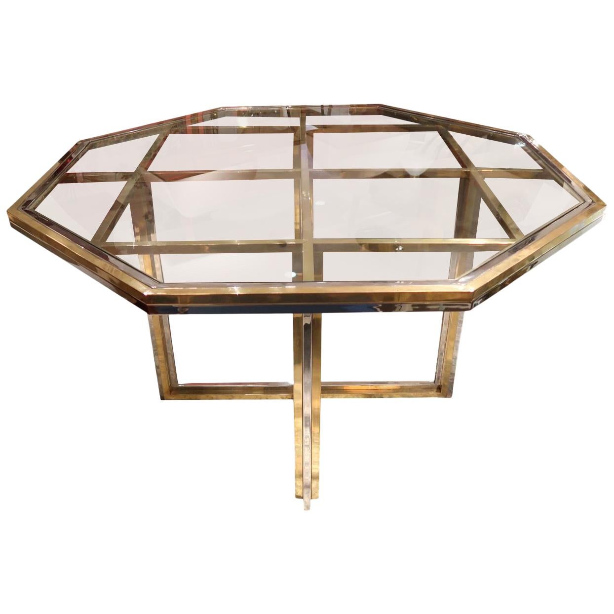 Romeo Rega, Brass and Chromed Octagonal Midcentury Dining Table, 1970 For Sale