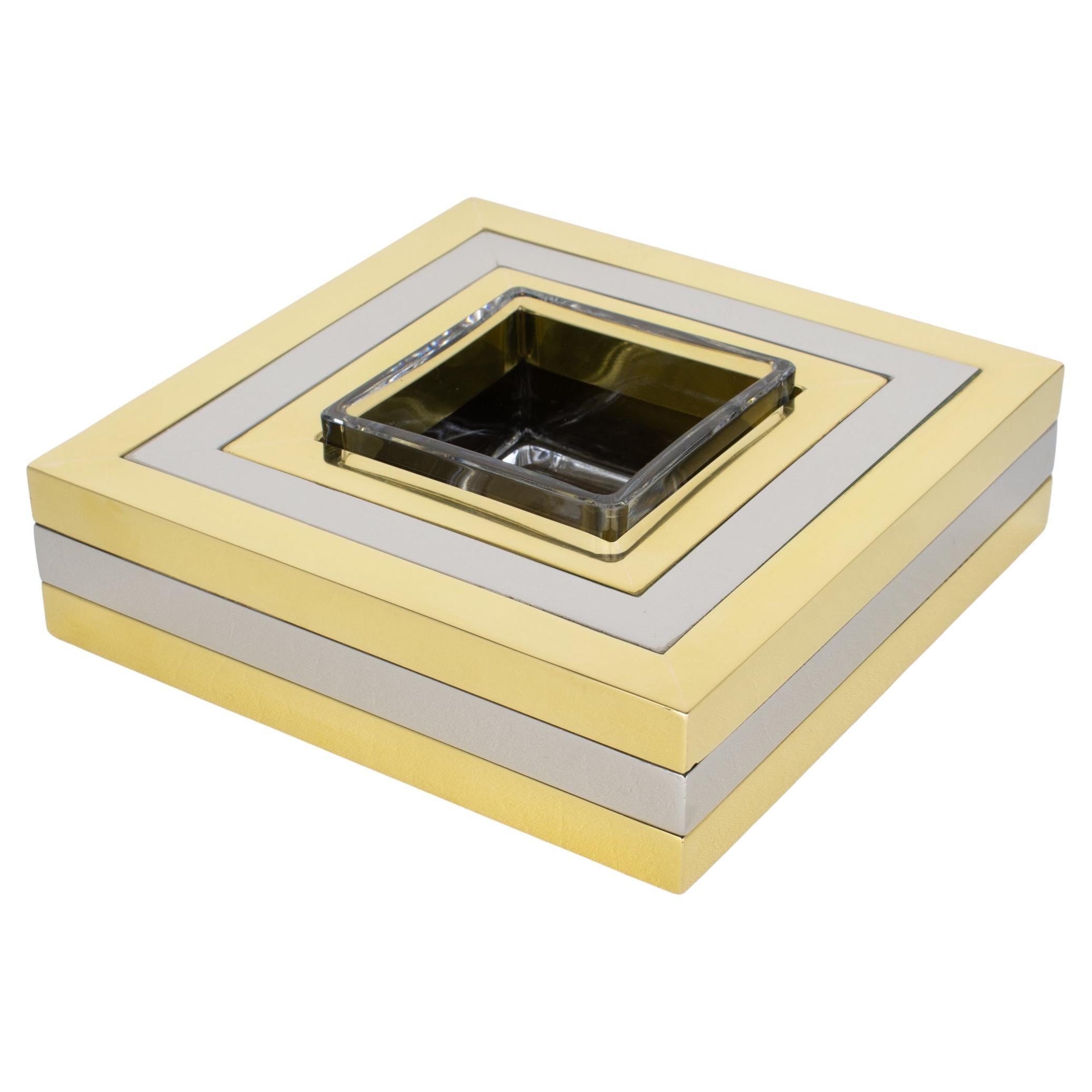 Romeo Rega Brass, Chrome and Crystal Centerpiece Catchall Vide Poche, circa 1970