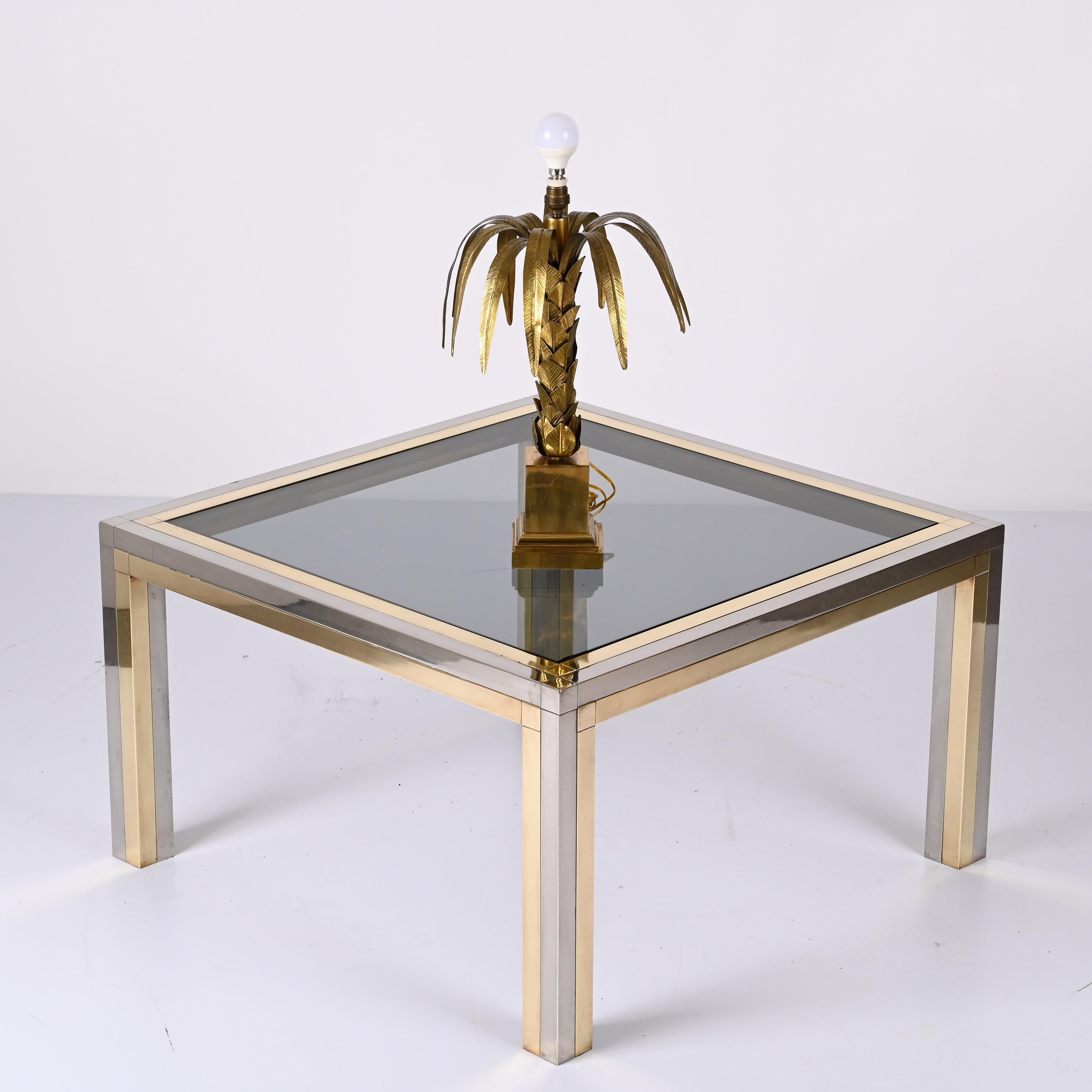 Romeo Rega Brass, Chrome and Smoked Glass Square Italian Coffee Table, 1970s For Sale 5