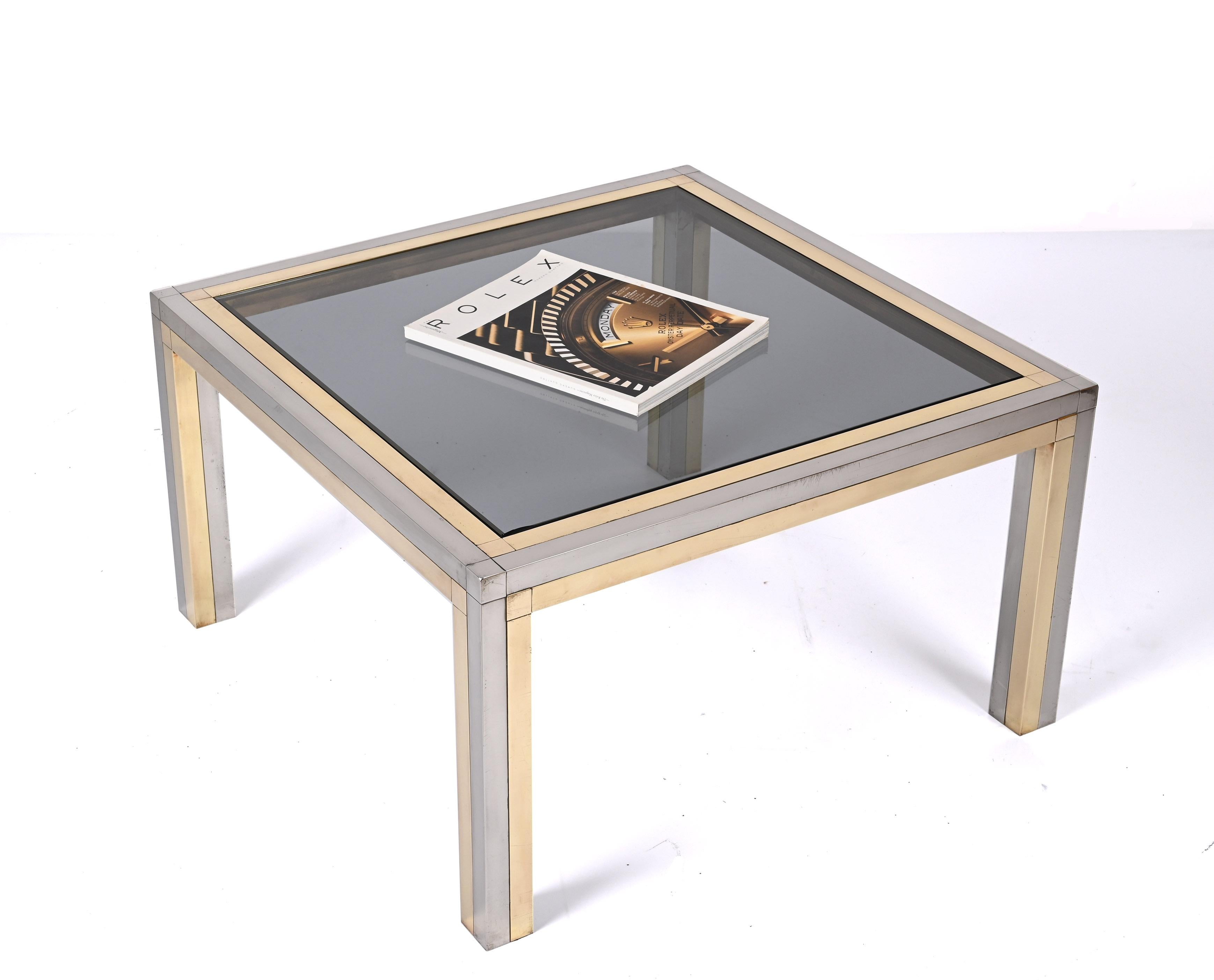 Romeo Rega Brass, Chrome and Smoked Glass Square Italian Coffee Table, 1970s For Sale 6