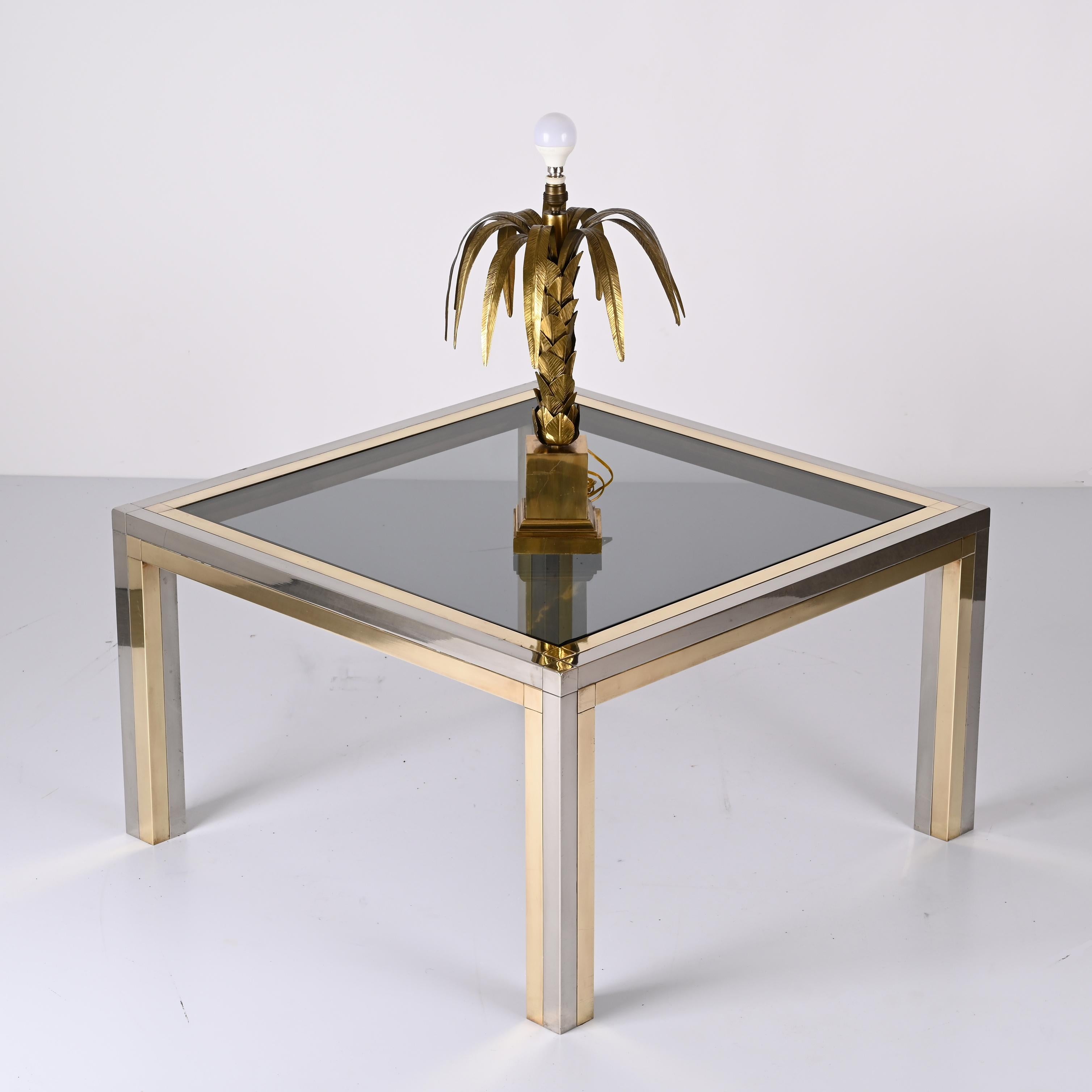 Romeo Rega Brass, Chrome and Smoked Glass Square Italian Coffee Table, 1970s For Sale 7