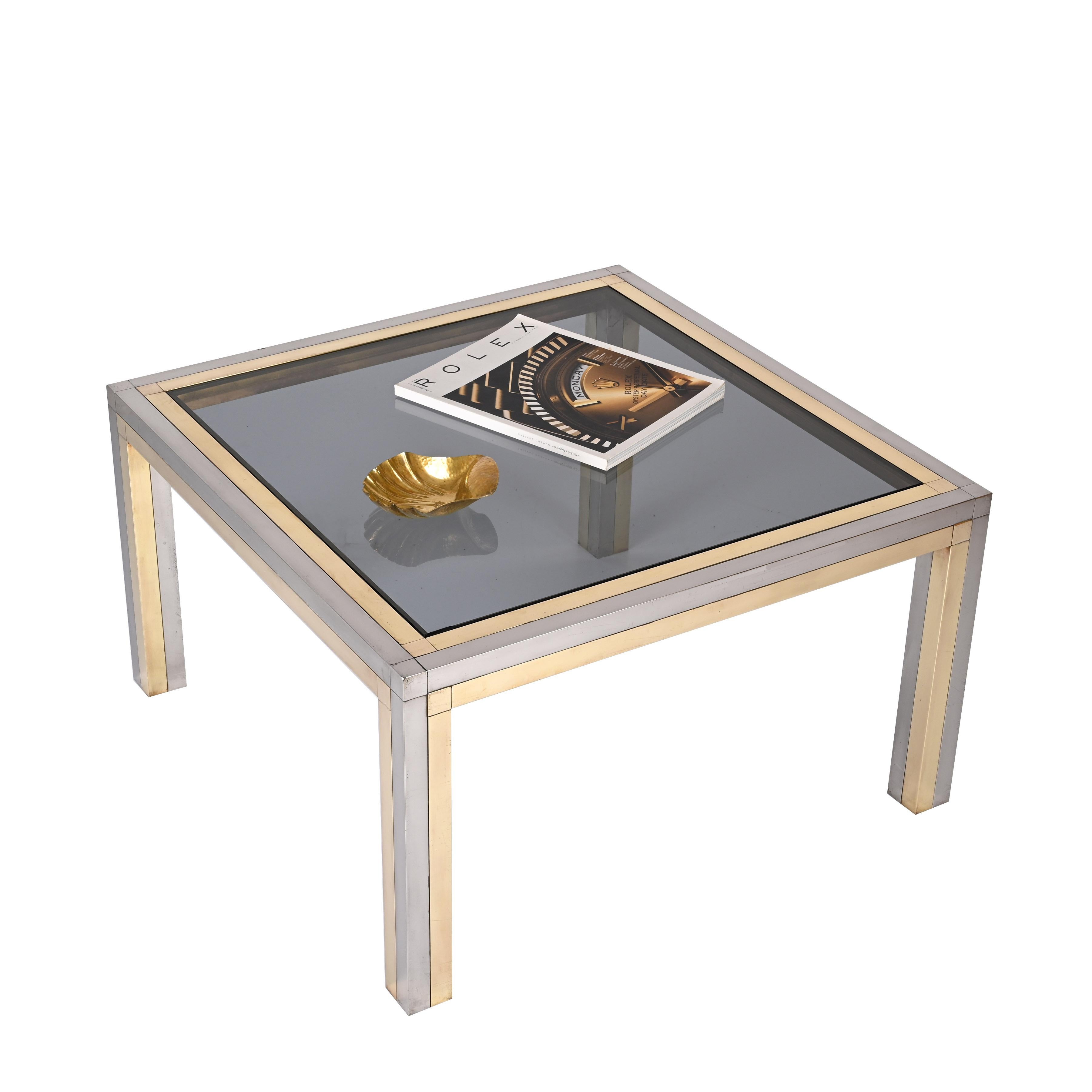 Romeo Rega Brass, Chrome and Smoked Glass Square Italian Coffee Table, 1970s For Sale 8