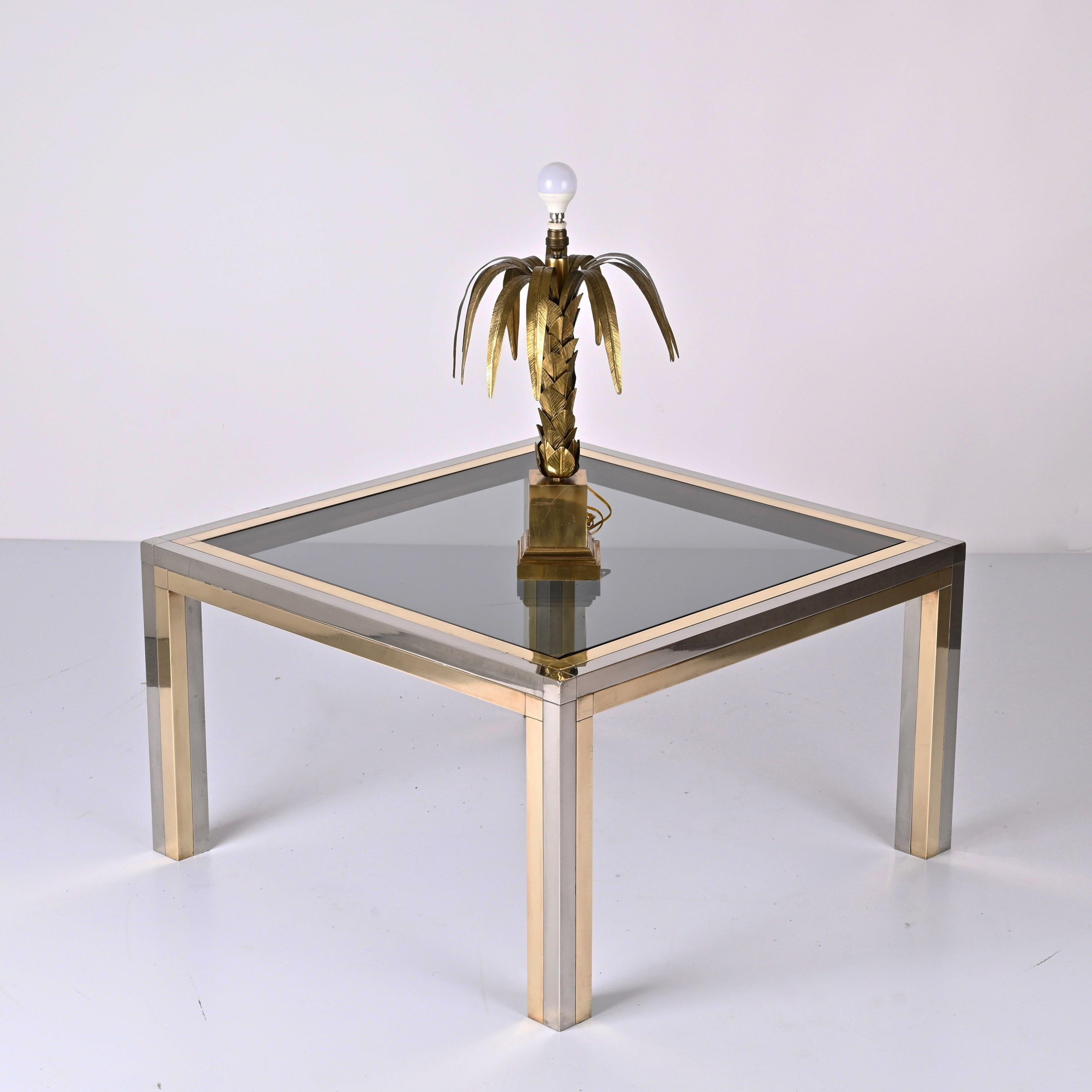 Romeo Rega Brass, Chrome and Smoked Glass Square Italian Coffee Table, 1970s For Sale 9