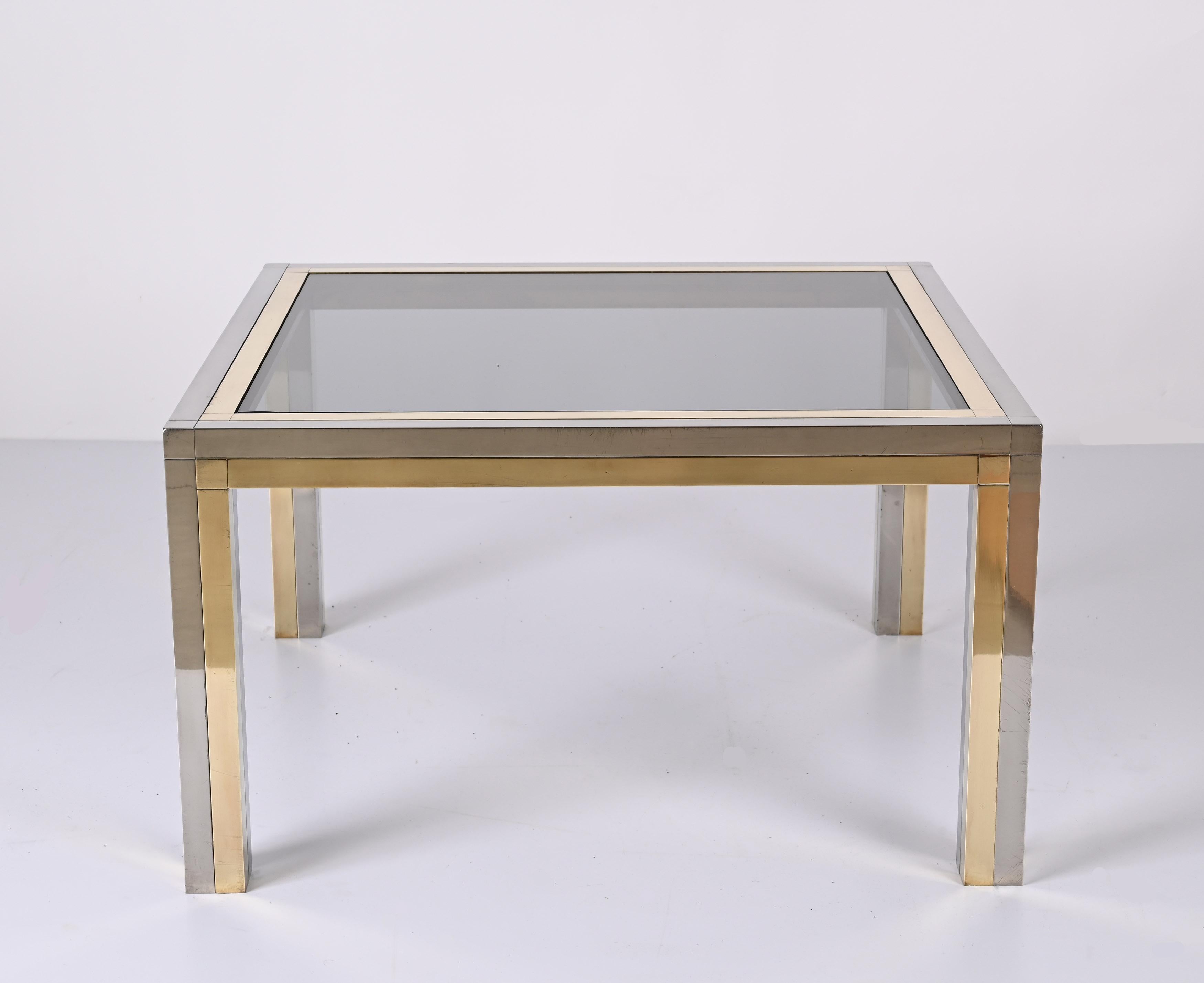 Romeo Rega Brass, Chrome and Smoked Glass Square Italian Coffee Table, 1970s In Good Condition For Sale In Roma, IT