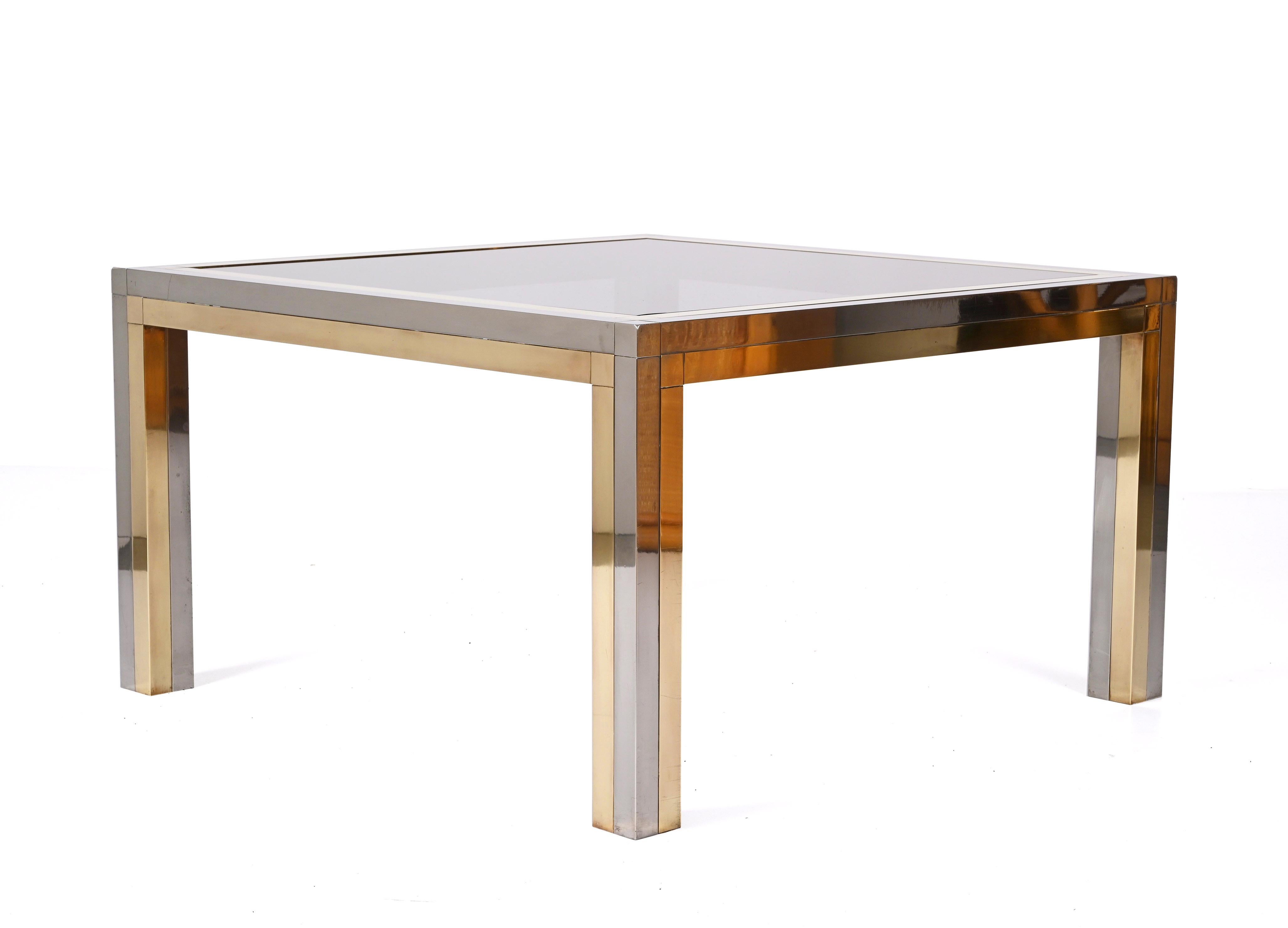 Late 20th Century Romeo Rega Brass, Chrome and Smoked Glass Square Italian Coffee Table, 1970s For Sale