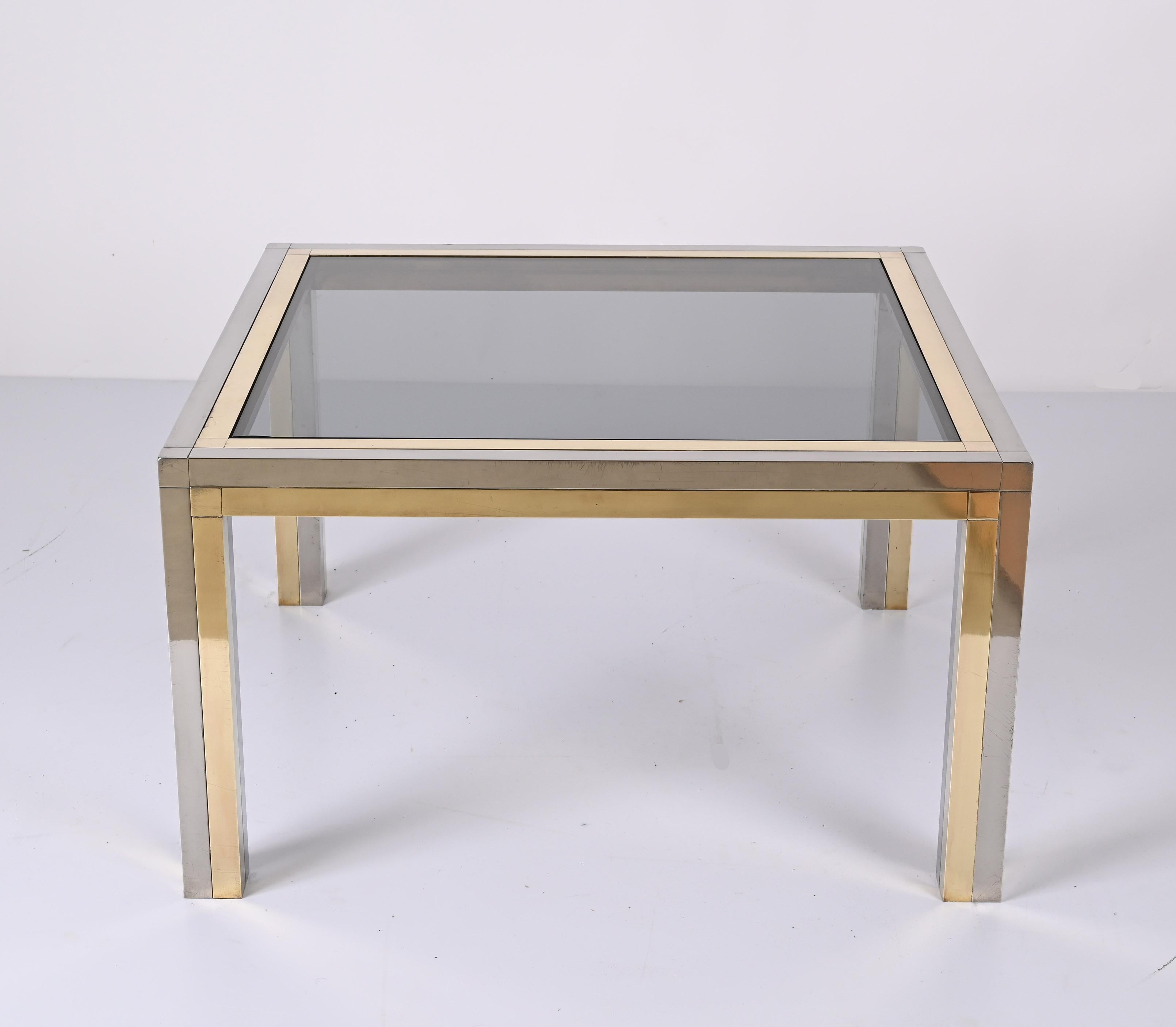 Romeo Rega Brass, Chrome and Smoked Glass Square Italian Coffee Table, 1970s For Sale 3