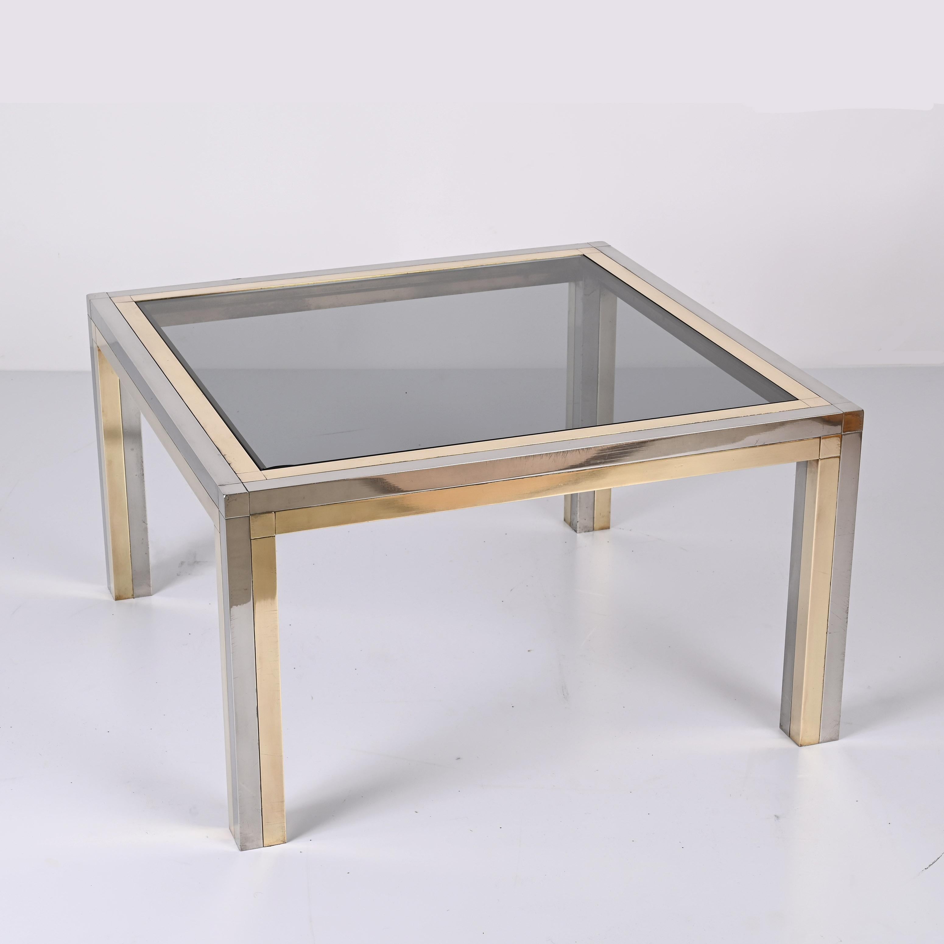 Romeo Rega Brass, Chrome and Smoked Glass Square Italian Coffee Table, 1970s For Sale 4