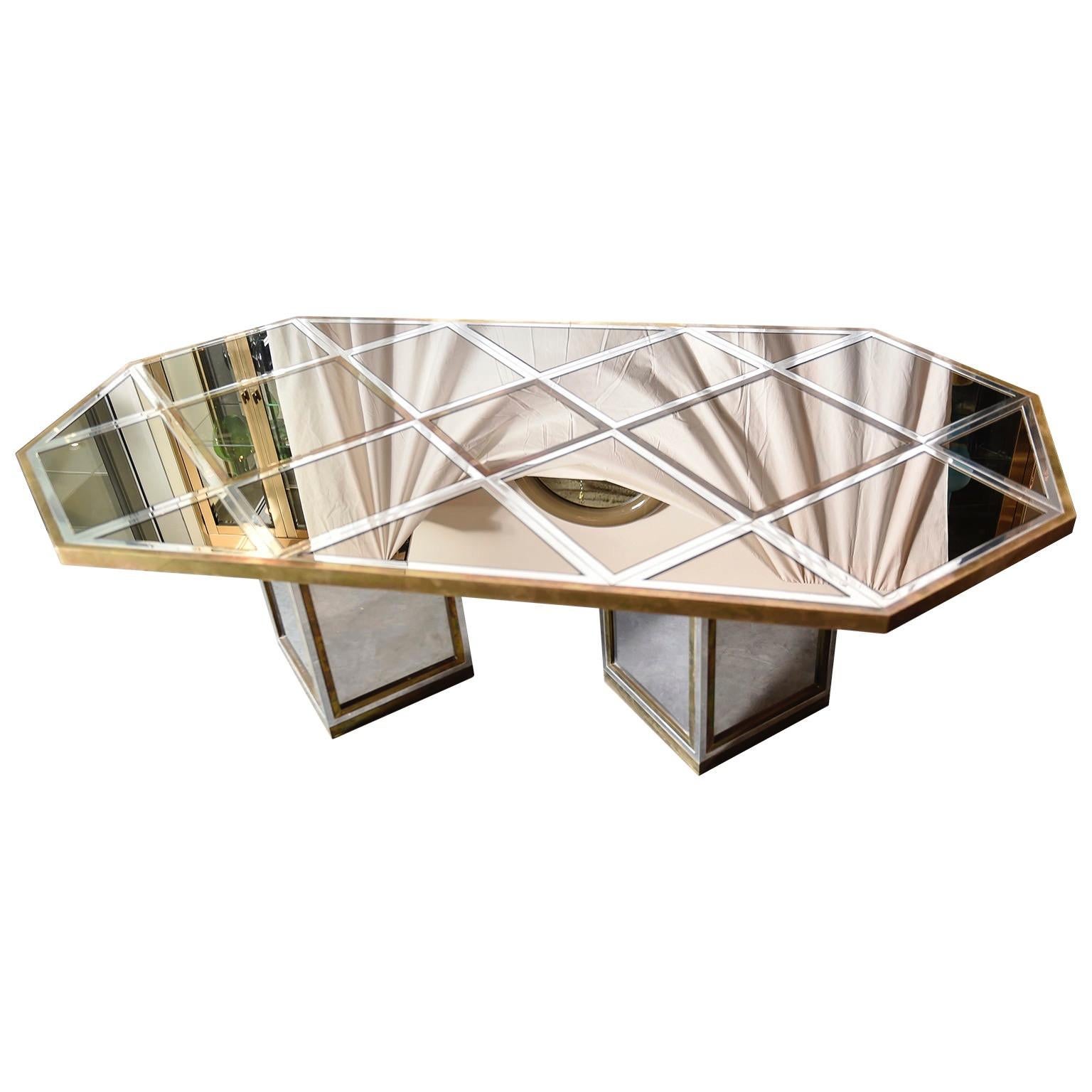 Italian Romeo Rega Brass, Chrome & Cut Glass Mirror Harlequin Style Dining Table / Desk For Sale