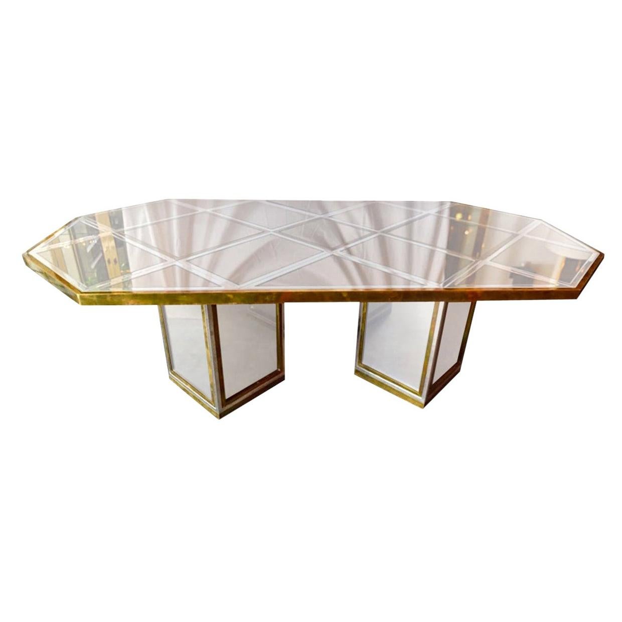 Romeo Rega Brass, Chrome & Cut Glass Mirror Harlequin Style Dining Table / Desk For Sale