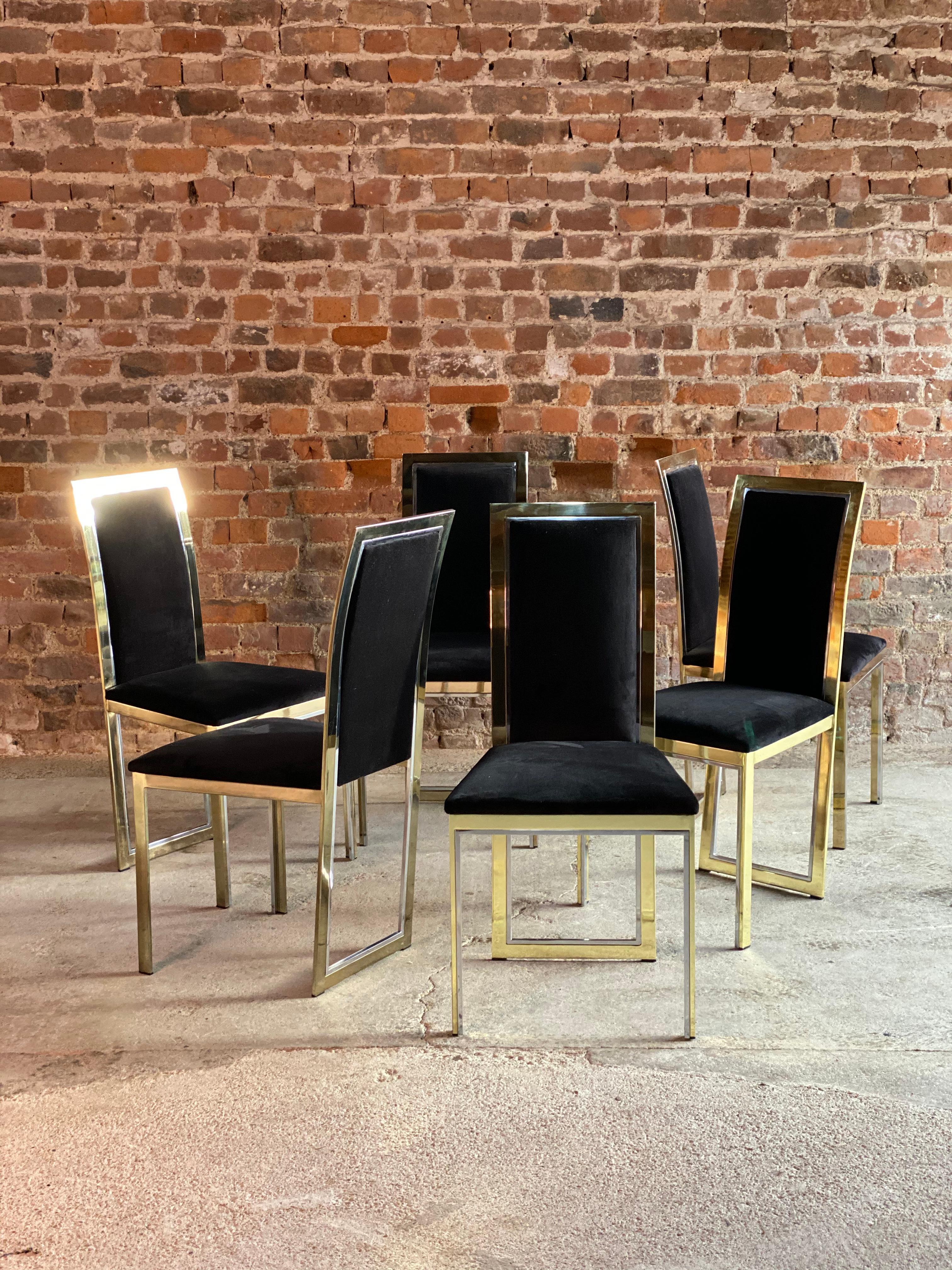 Romeo Rega brass and chrome dining chairs set of six Italy circa 1970s

Romeo Rega, a magnificent set of six dining chairs circa 1970s, in chrome-plated steel and brass, with black velvet upholstery, the chairs were retailed and purchased from