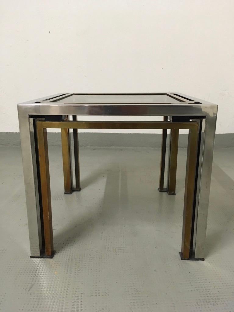 Italian Romeo Rega Brass, Chrome and Tinted Glass Side Table, Italy, 1970s For Sale