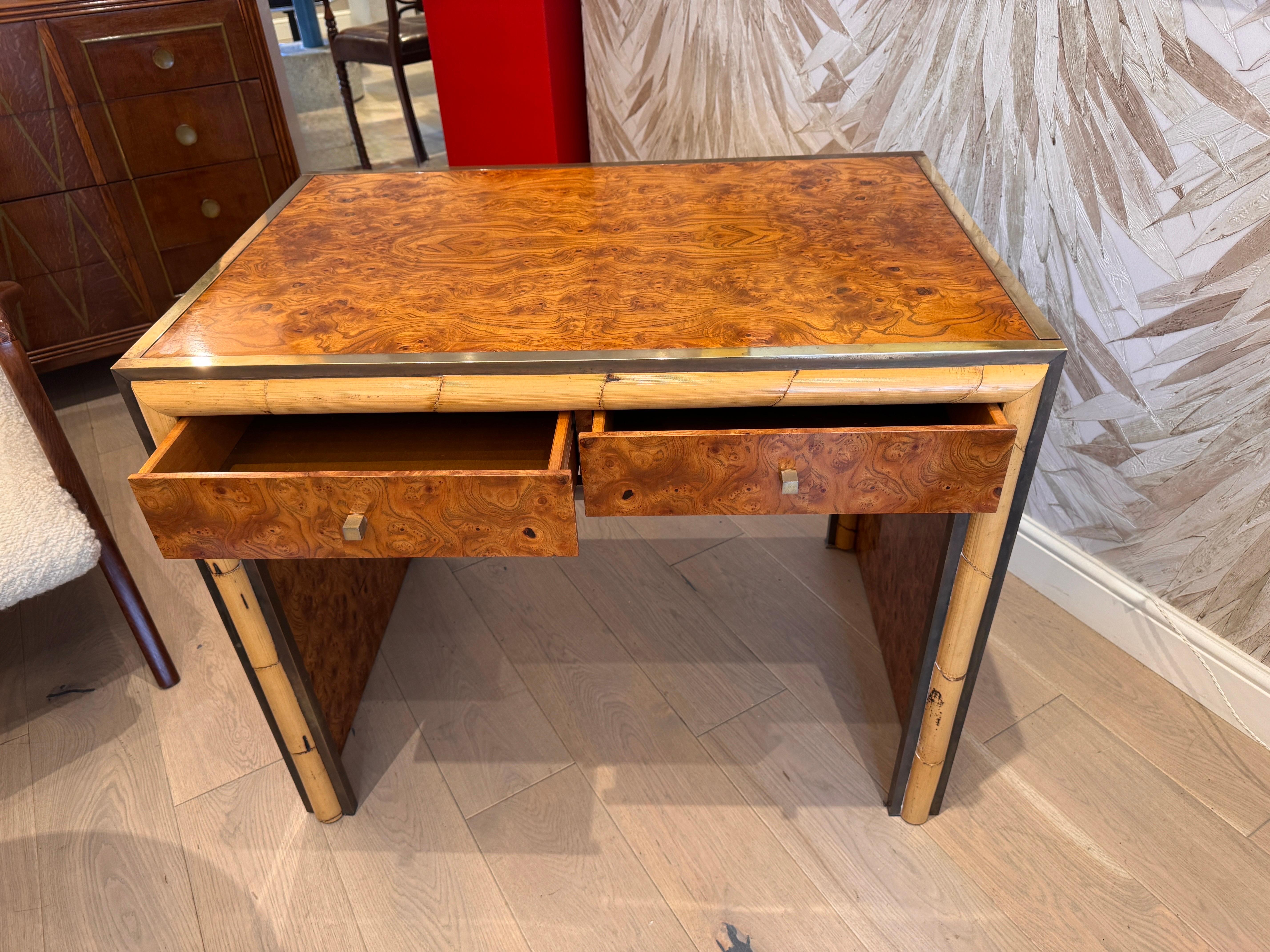Brass Romeo Rega burr wood compact desk/vanity table For Sale