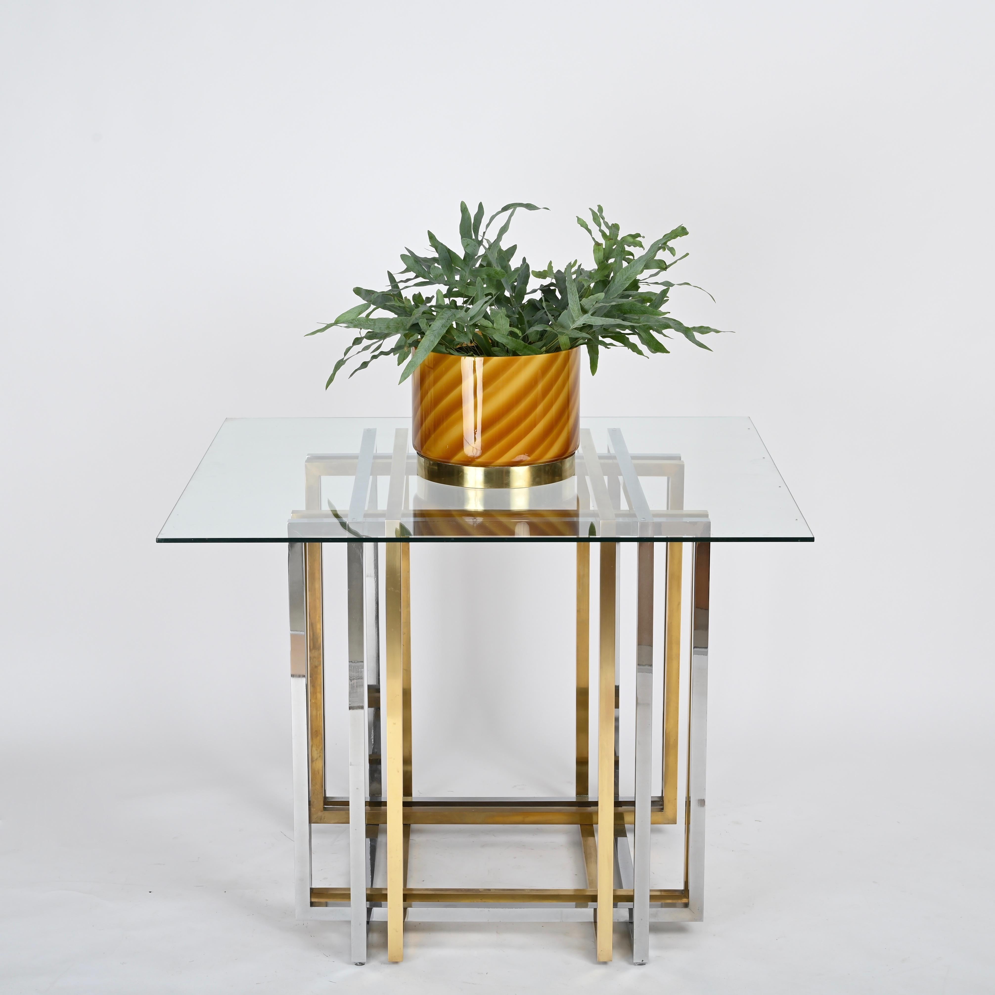 Mid-Century Modern Table de salle à manger ou console italienne en laiton et chrome de Romeo Rega, 1970 en vente
