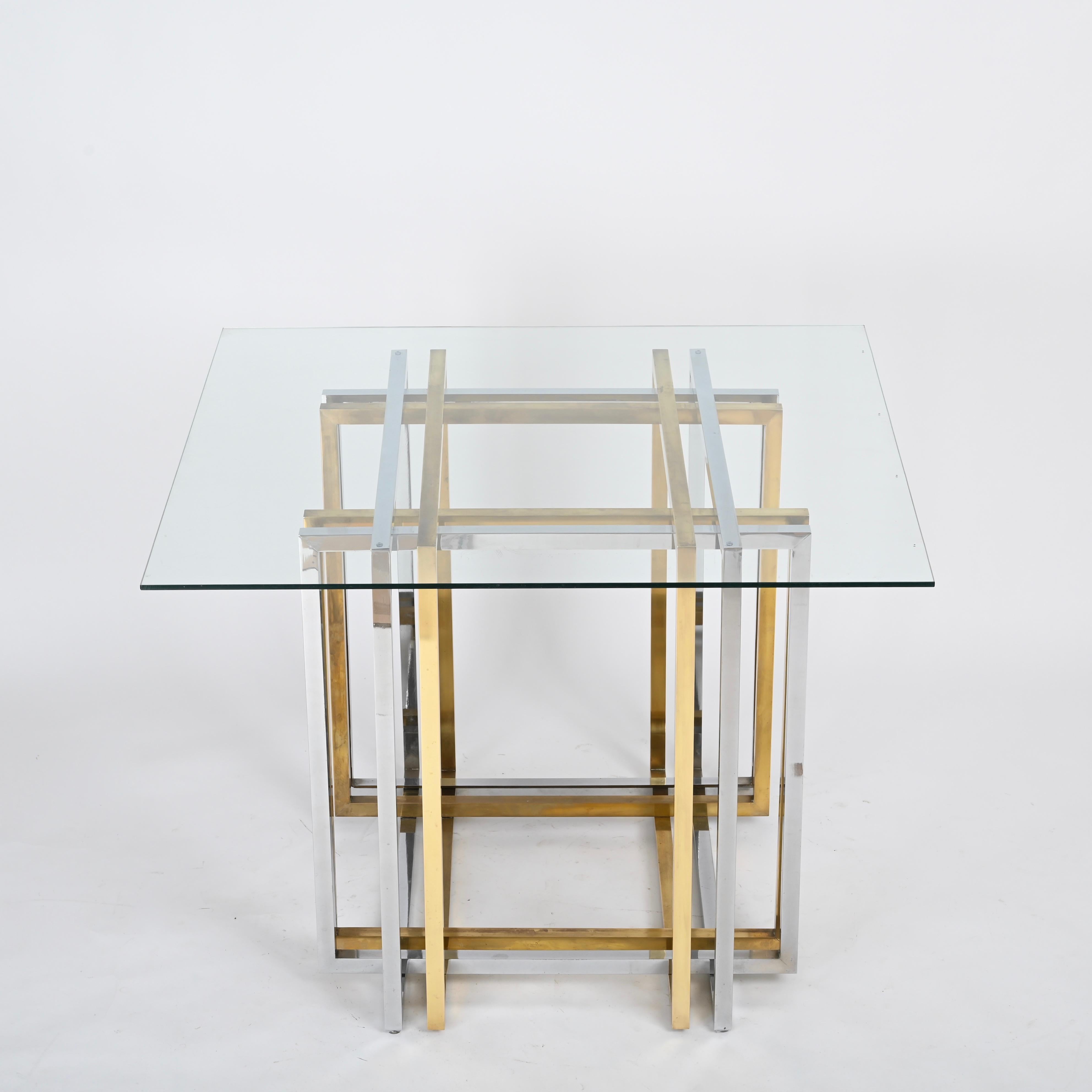 Fait main Table de salle à manger ou console italienne en laiton et chrome de Romeo Rega, 1970 en vente
