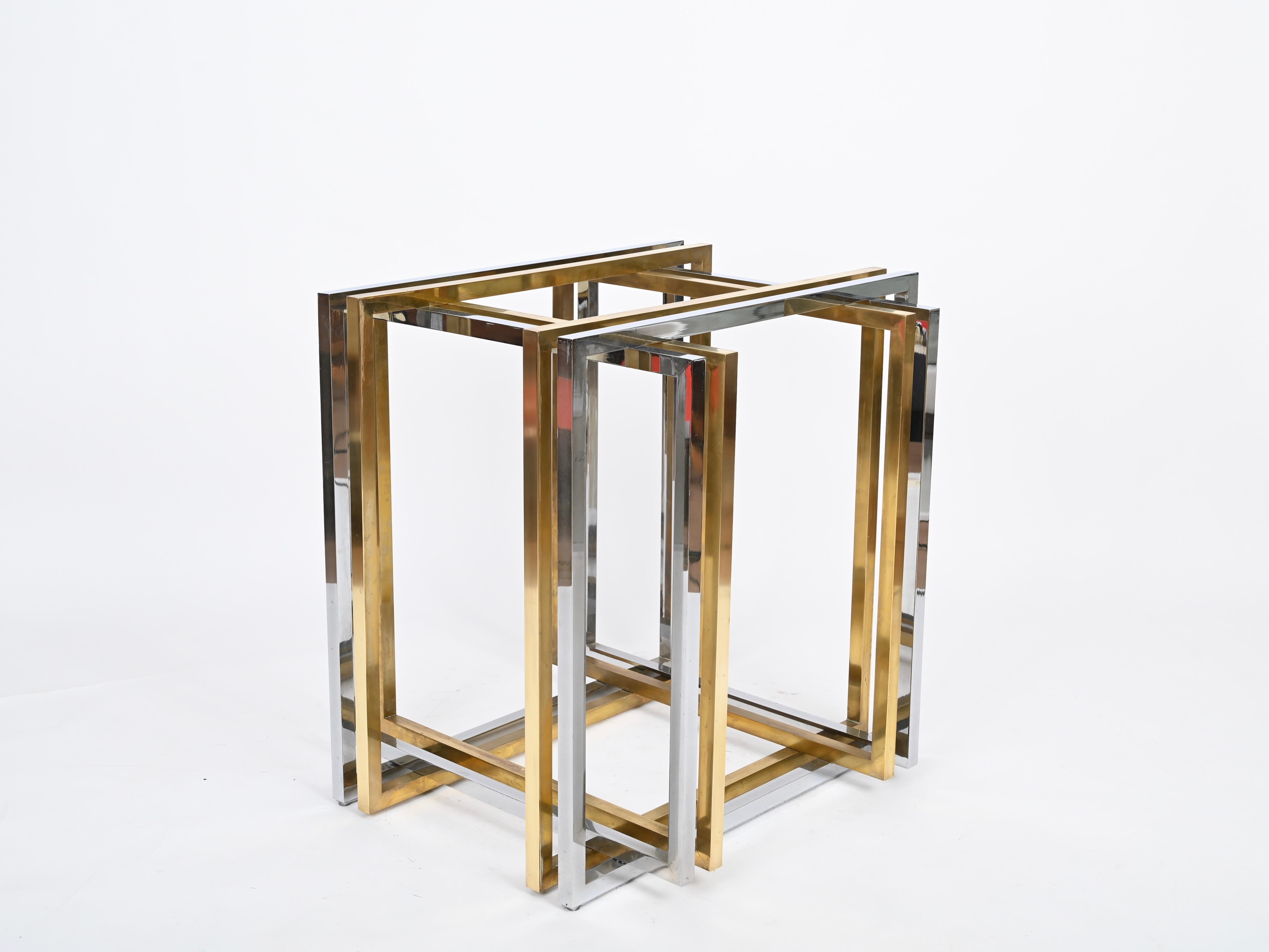 Laiton Table de salle à manger ou console italienne en laiton et chrome de Romeo Rega, 1970 en vente