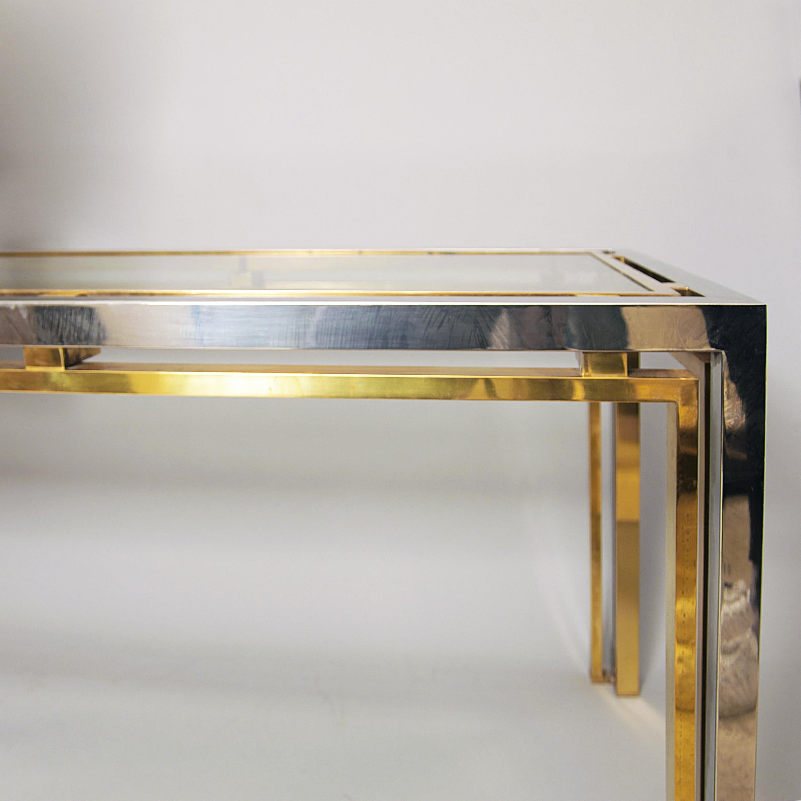 Romeo Rega Chrome and Brass with Glass Console Table, Desk or Sofa Table, 1970s (Hollywood Regency) im Angebot