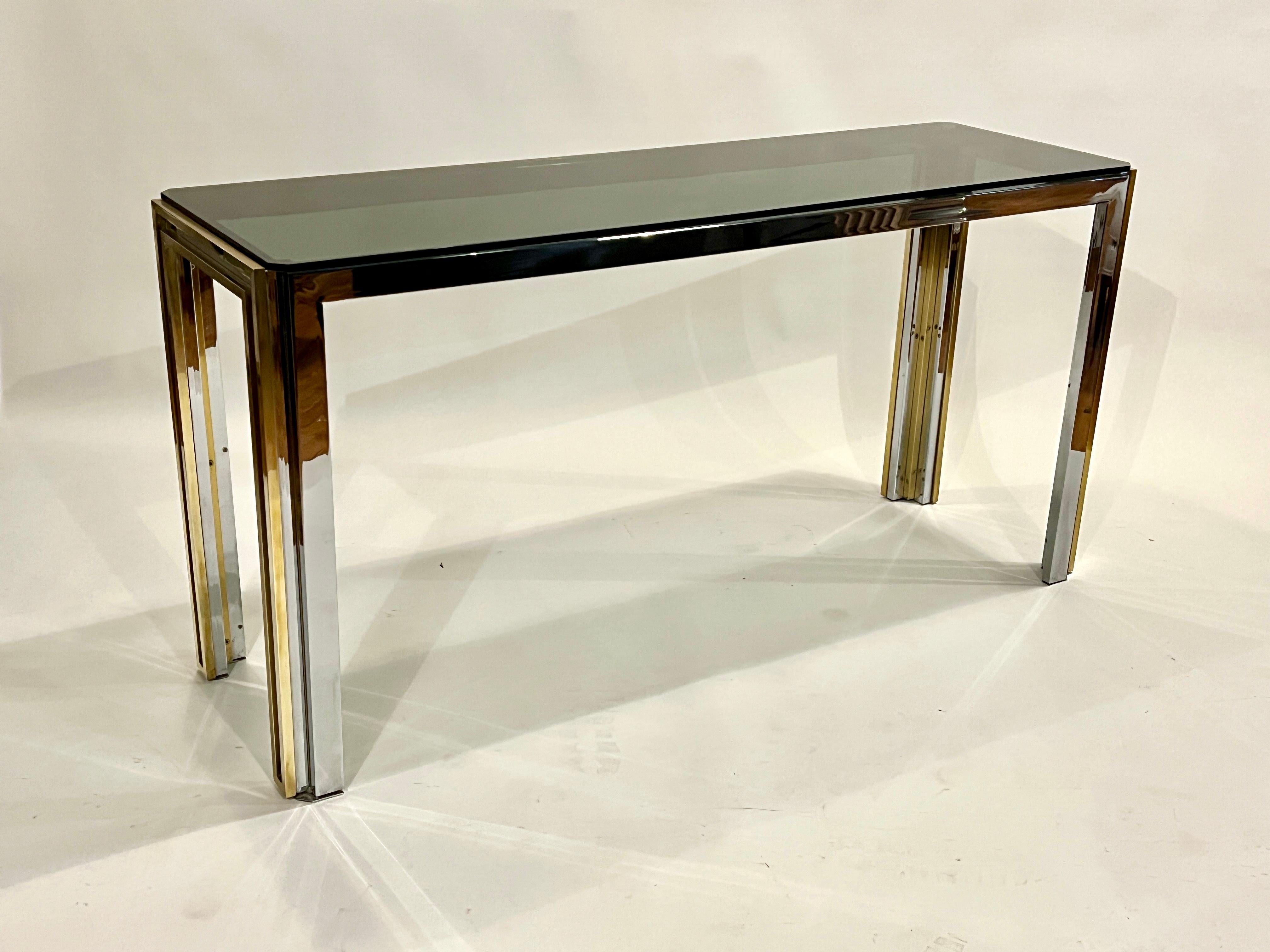 Hollywood Regency Romeo Rega Chrome and Brass Console Table For Sale