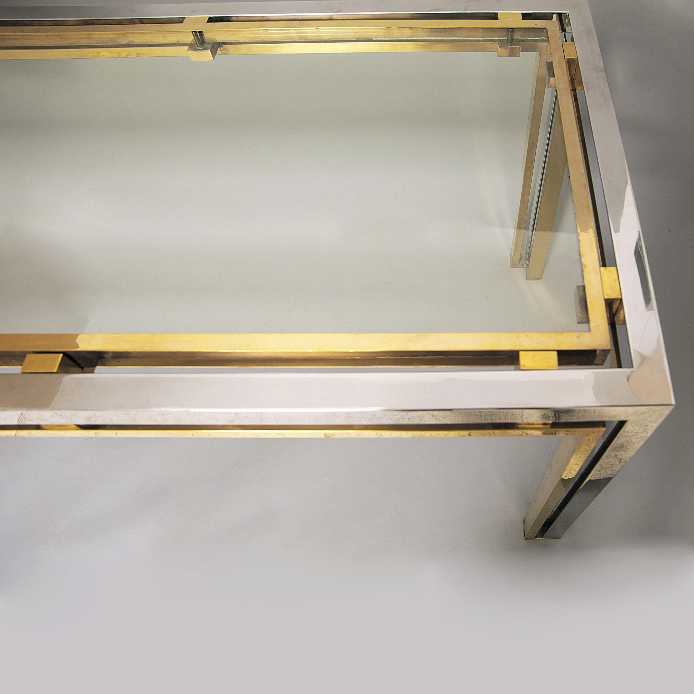 Romeo Rega Chrome and Brass with Glass Console Table, Desk or Sofa Table, 1970s (Italienisch) im Angebot