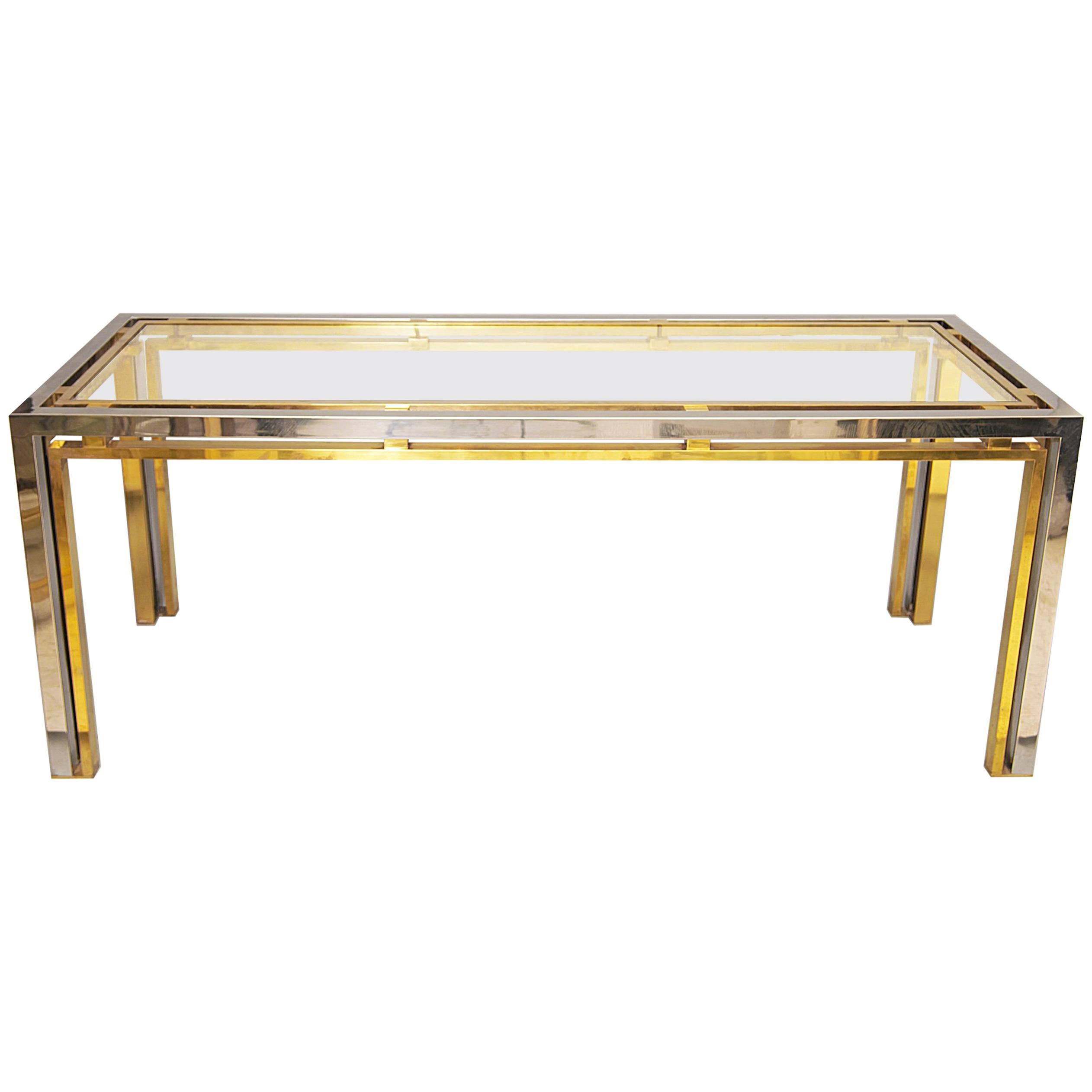 Romeo Rega Chrome and Brass with Glass Console Table, Desk or Sofa Table, 1970s For Sale