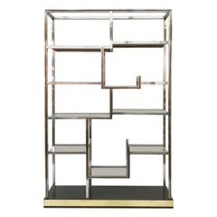 Romeo Rega Chrome and Brass Shelf, Smoked Glass, Italy, circa 1970