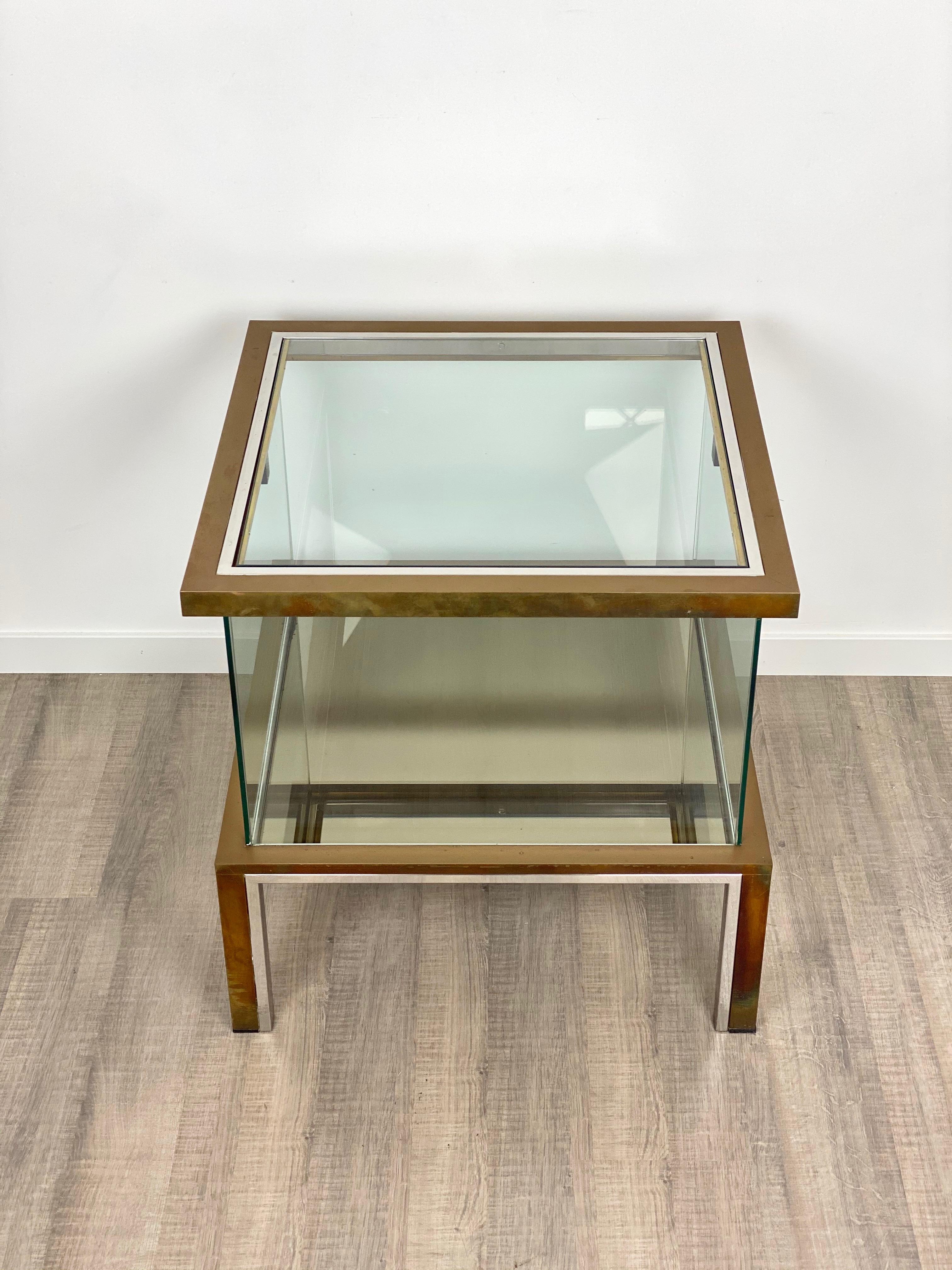 Mid-Century Modern Romeo Rega Coffee Side Bar Cabinet Table in Chrome Brass and Glass, Italy, 1970s For Sale