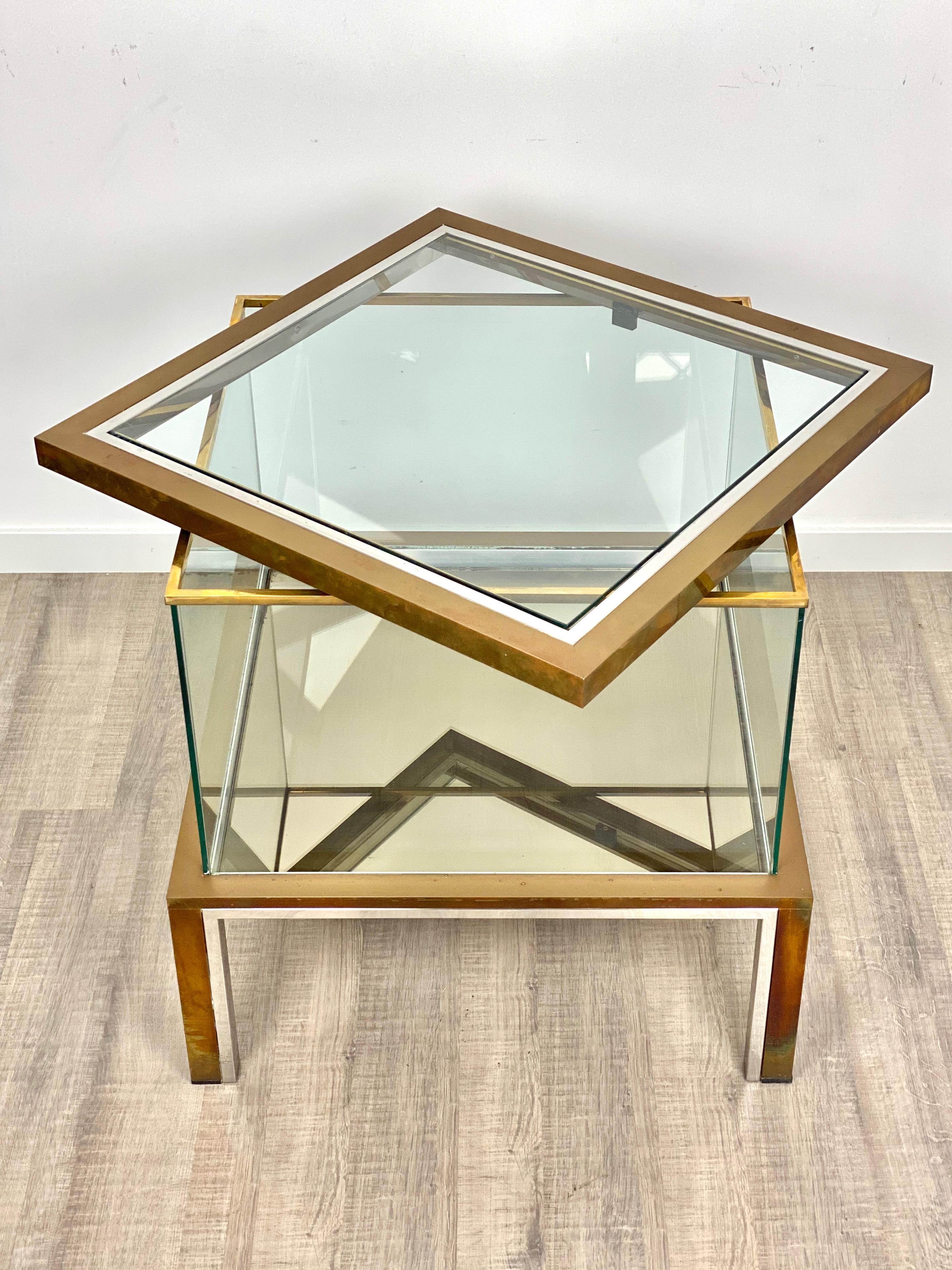 Italian Romeo Rega Coffee Side Bar Cabinet Table in Chrome Brass and Glass, Italy, 1970s For Sale