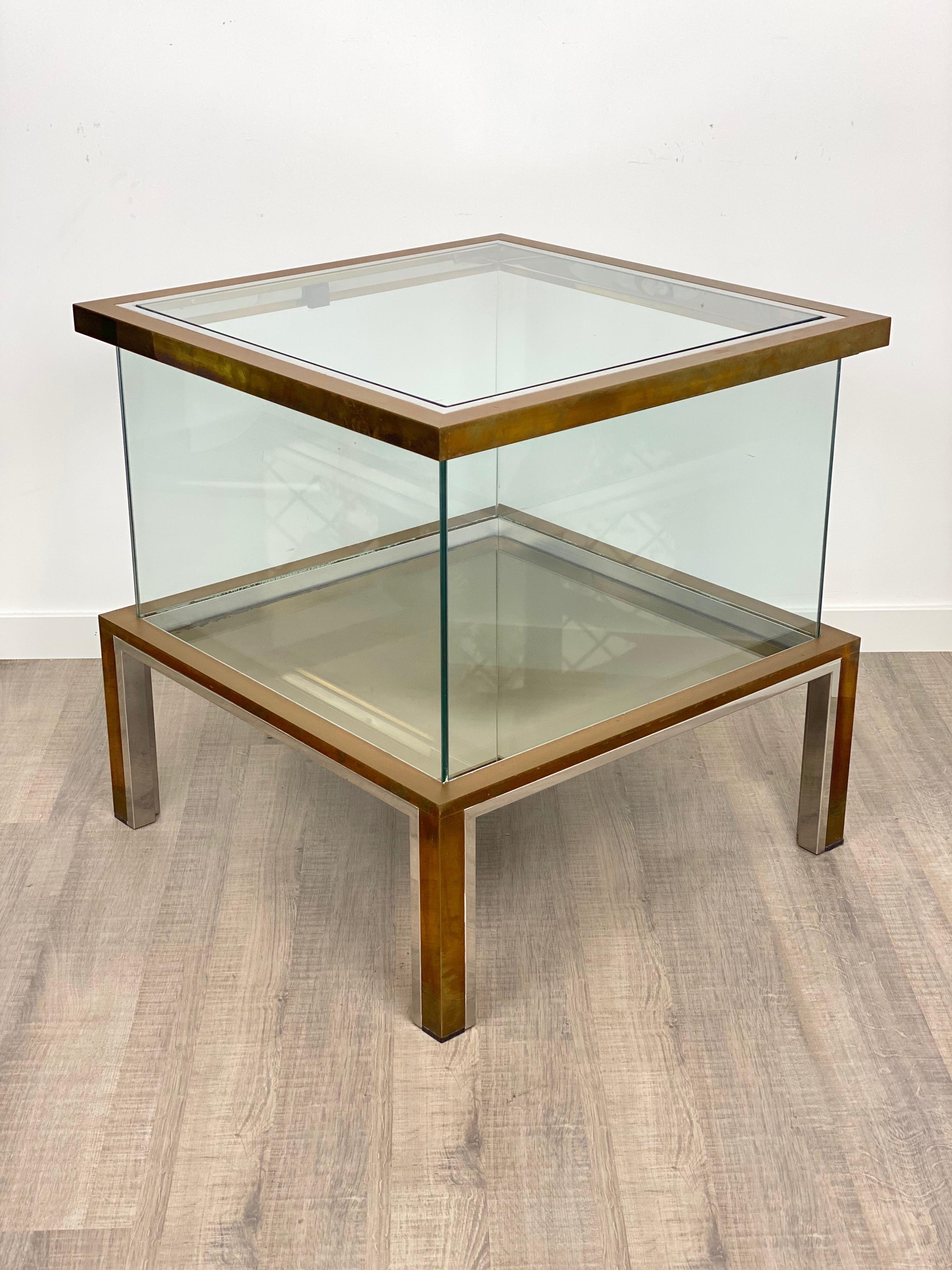 Late 20th Century Romeo Rega Coffee Side Bar Cabinet Table in Chrome Brass and Glass, Italy, 1970s For Sale