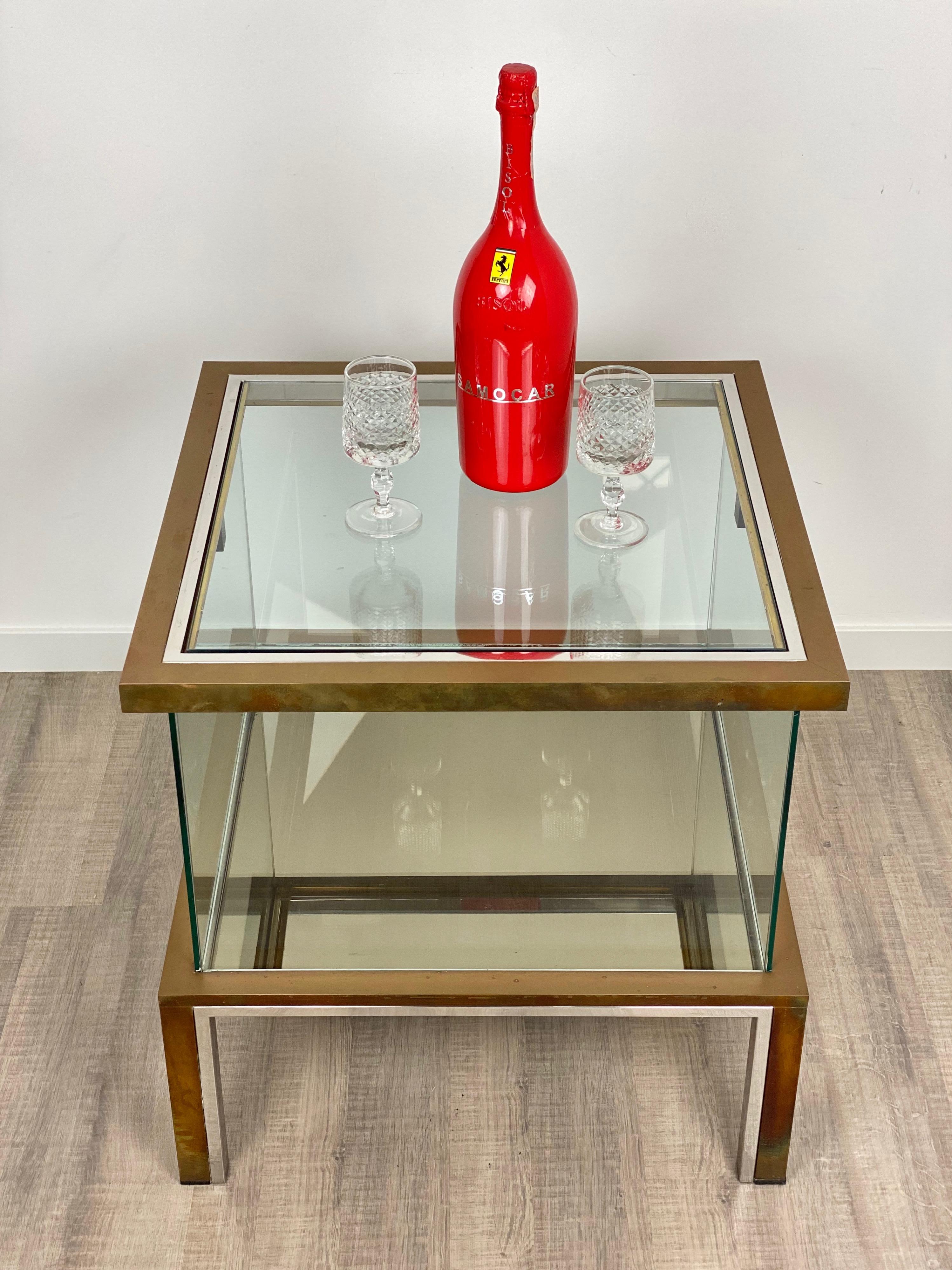 Metal Romeo Rega Coffee Side Bar Cabinet Table in Chrome Brass and Glass, Italy, 1970s For Sale