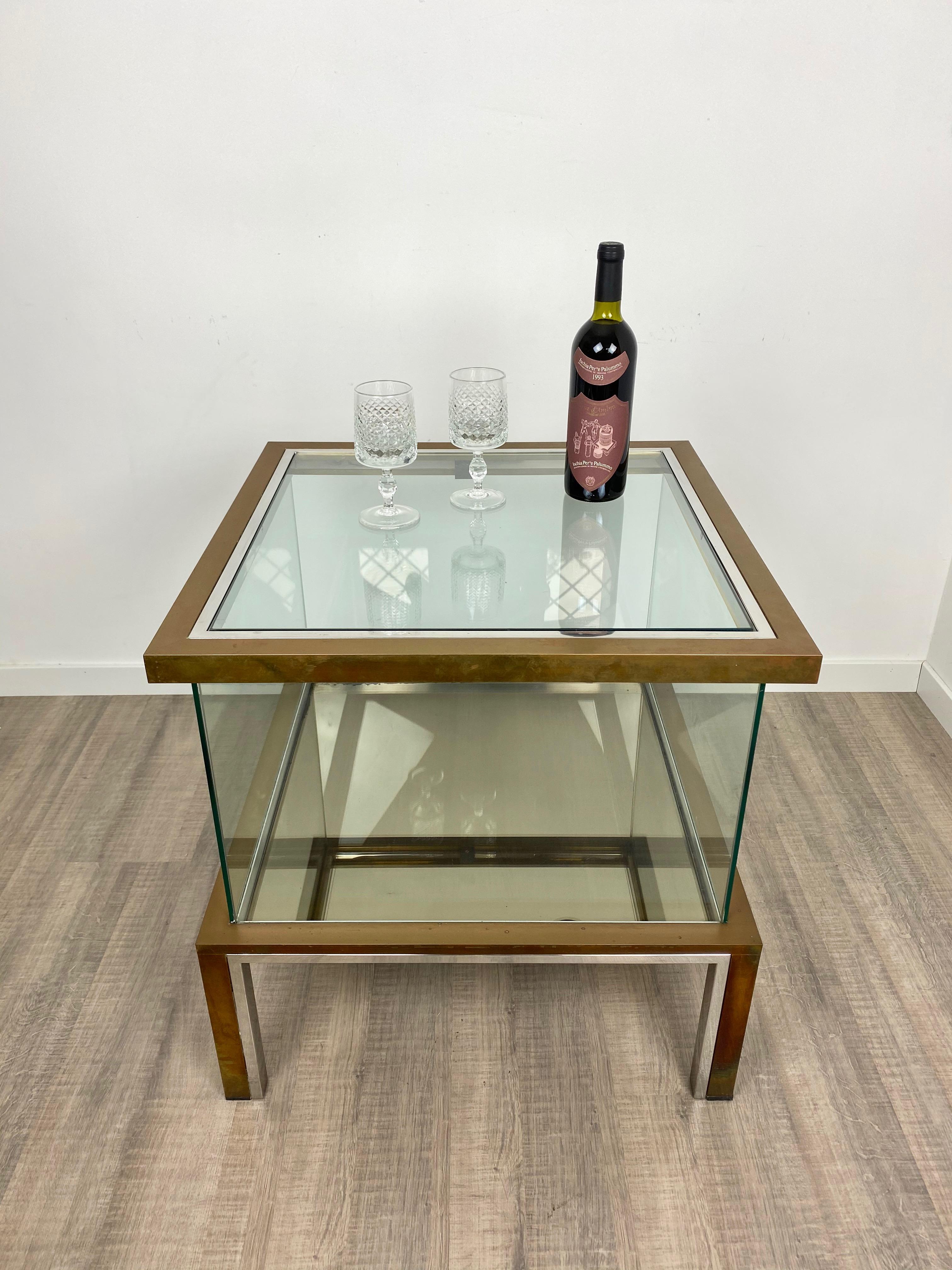 Romeo Rega Coffee Side Bar Cabinet Table in Chrome Brass and Glass, Italy, 1970s For Sale 3