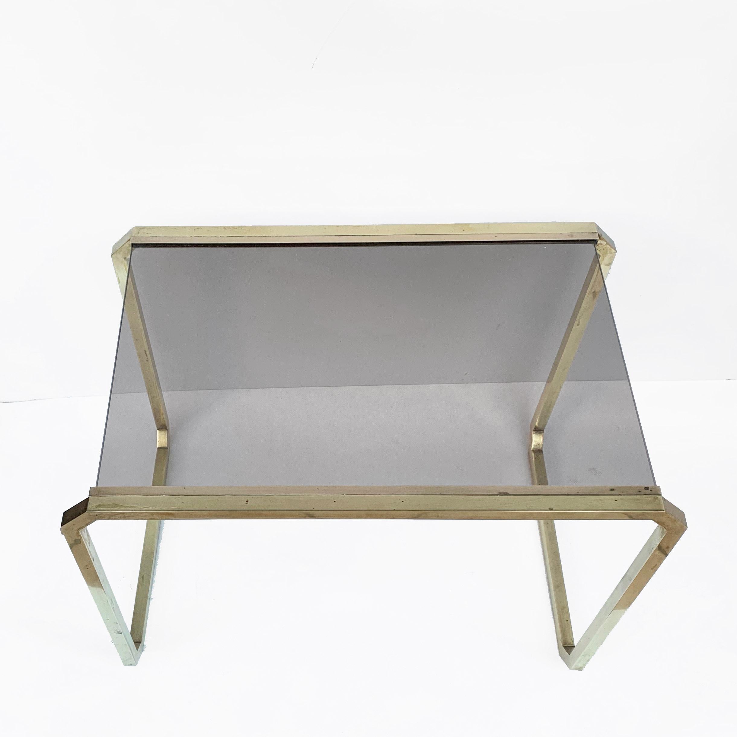 Italian Romeo Rega style Coffee Table in Brass and Smoked Glass, Italy, 1970s Midcentury For Sale