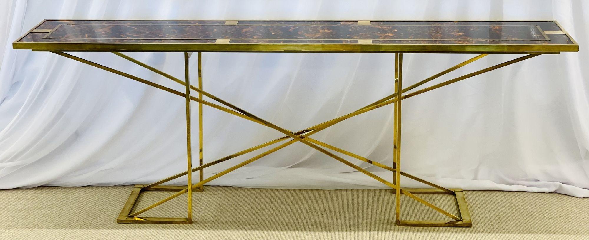 Modern Romeo Rega Console Table, Faux Tortoise Top, Gilt Metal Base, Italy, 1970s For Sale