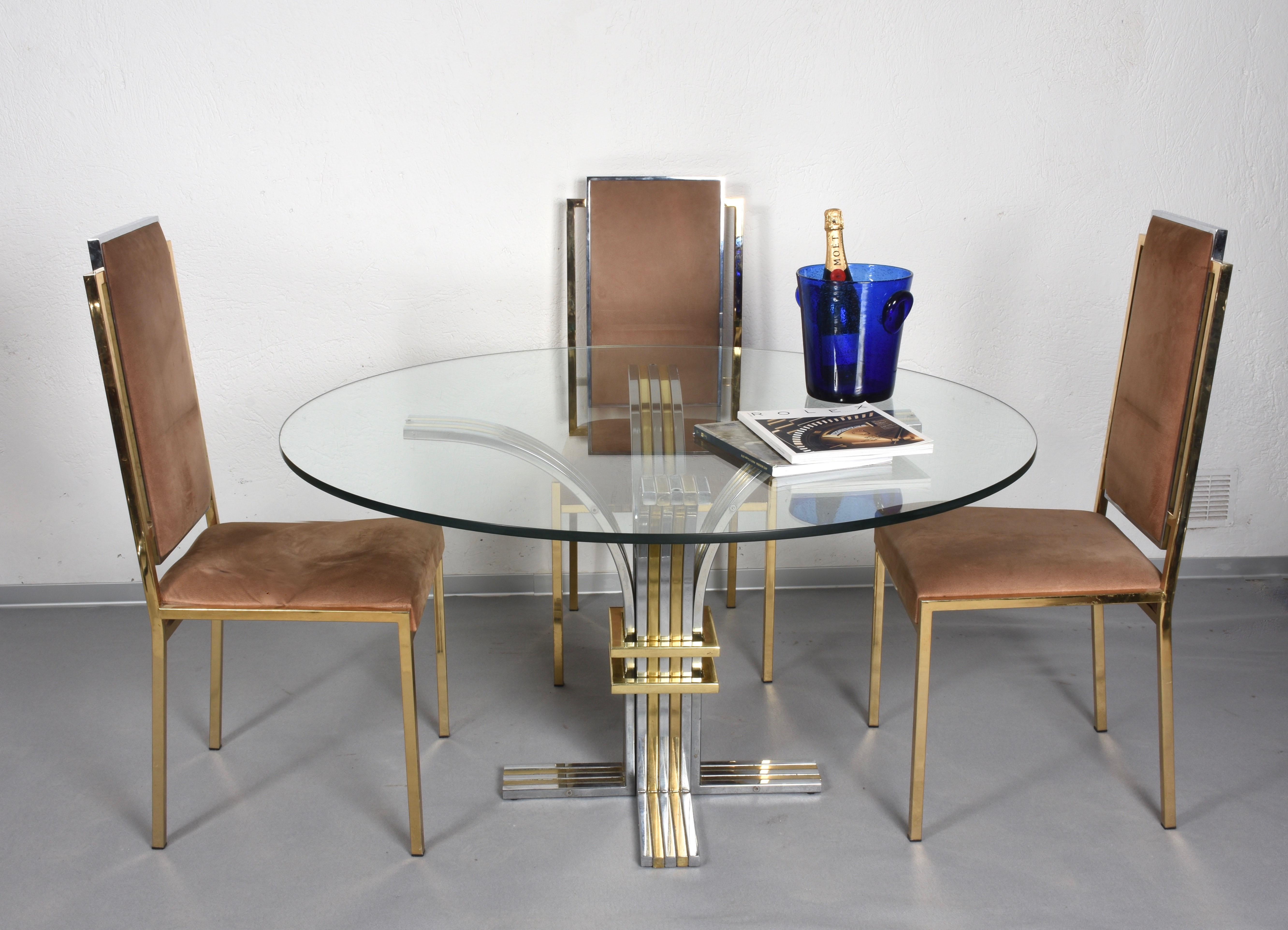 Brass and Chrome Steel Italian Dining Chairs after Romeo Rega, 1970s In Good Condition In Roma, IT