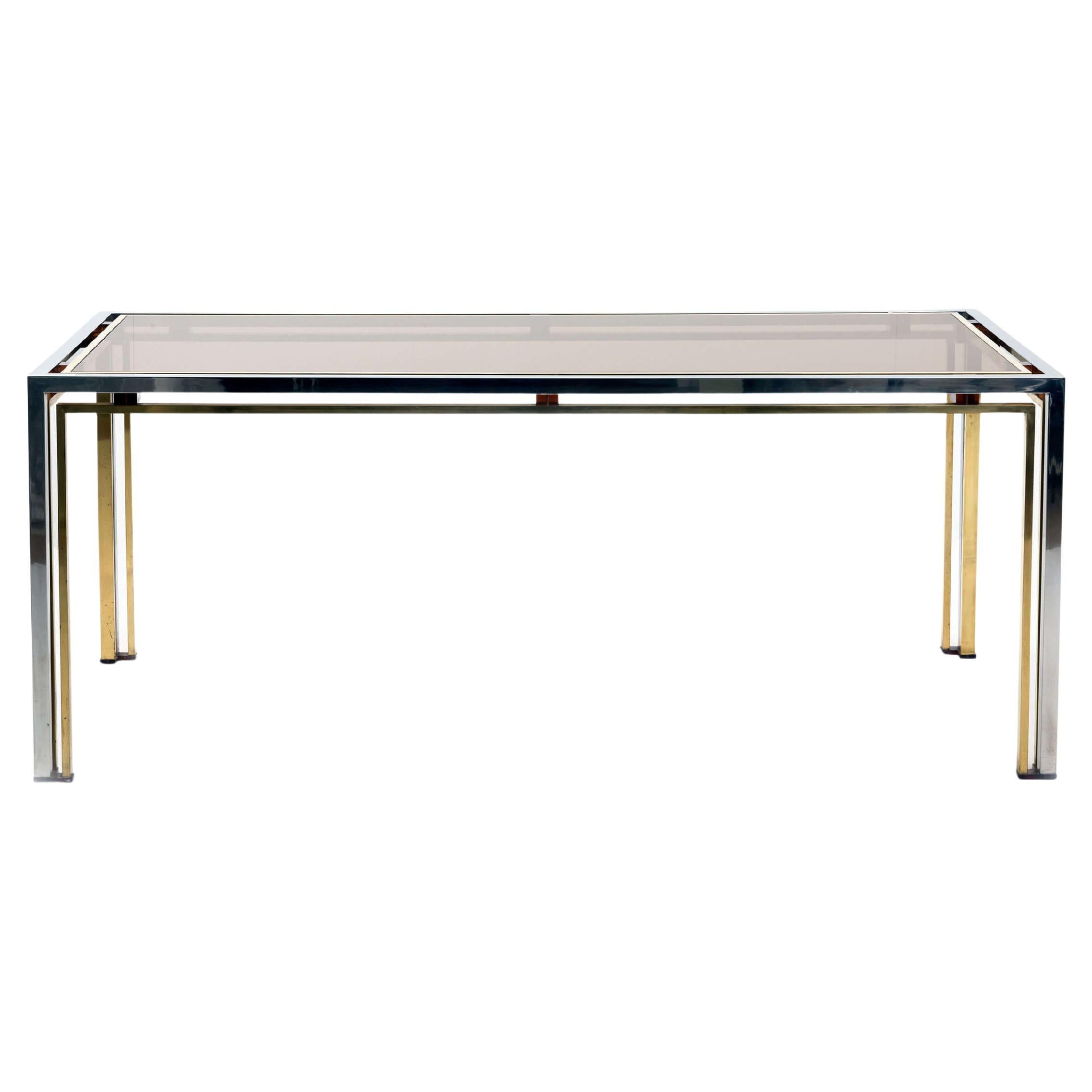 Tavolo da pranzo Romeo Rega in cromo e ottone con piano in vetro fumé e lucite ambra in vendita