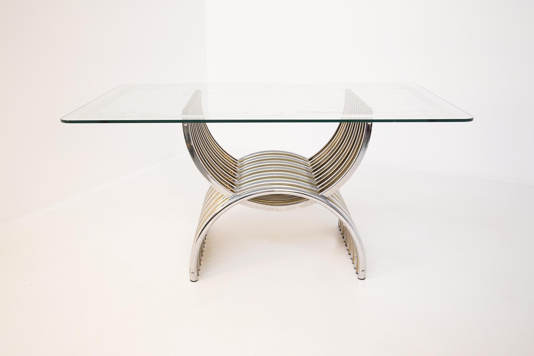 Romeo Rega Dining Table in Chromed and Brassed Steel with Glass 5