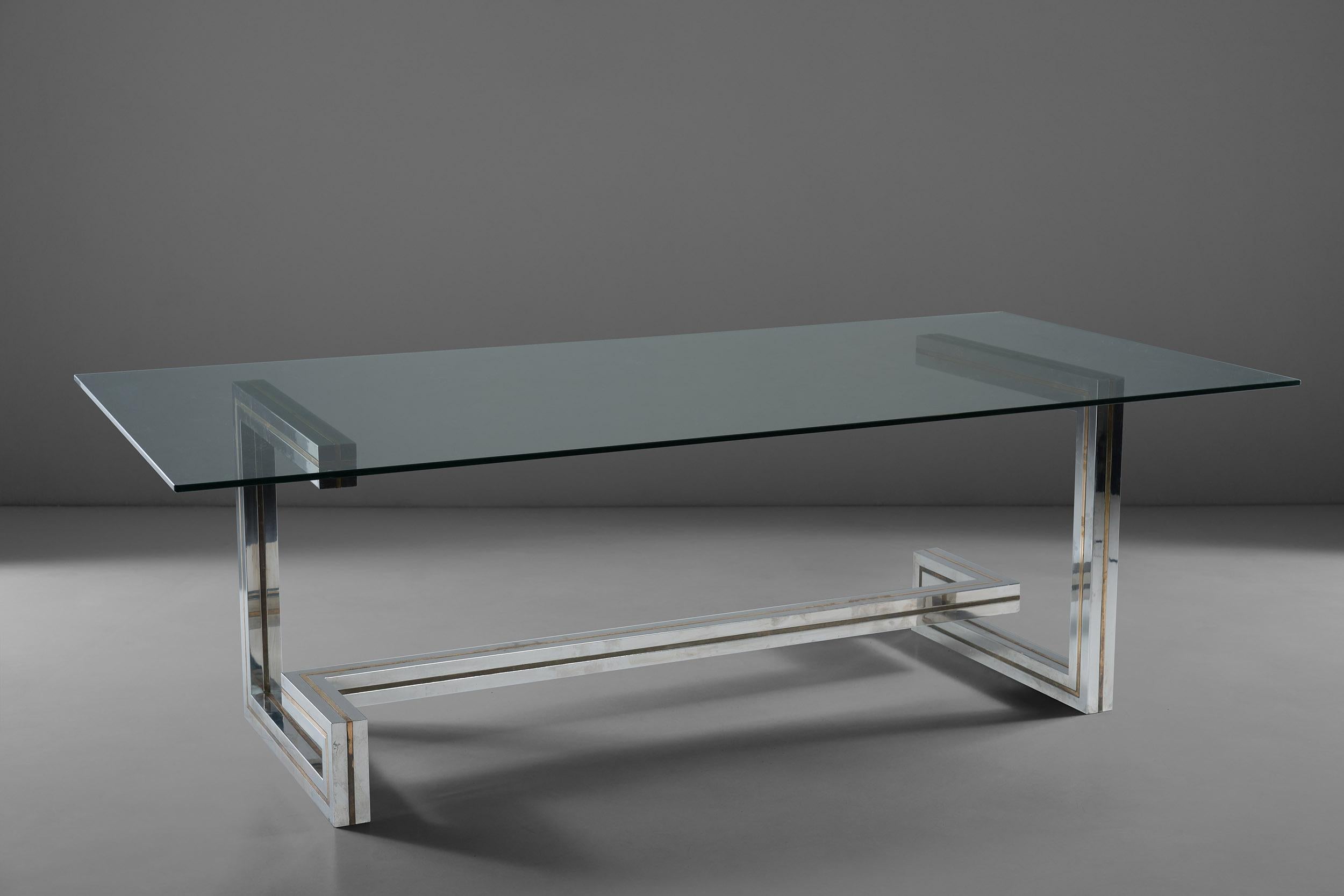 Modern Romeo Rega Dining Table in Steel and Brass with Glass Top, 1970s For Sale