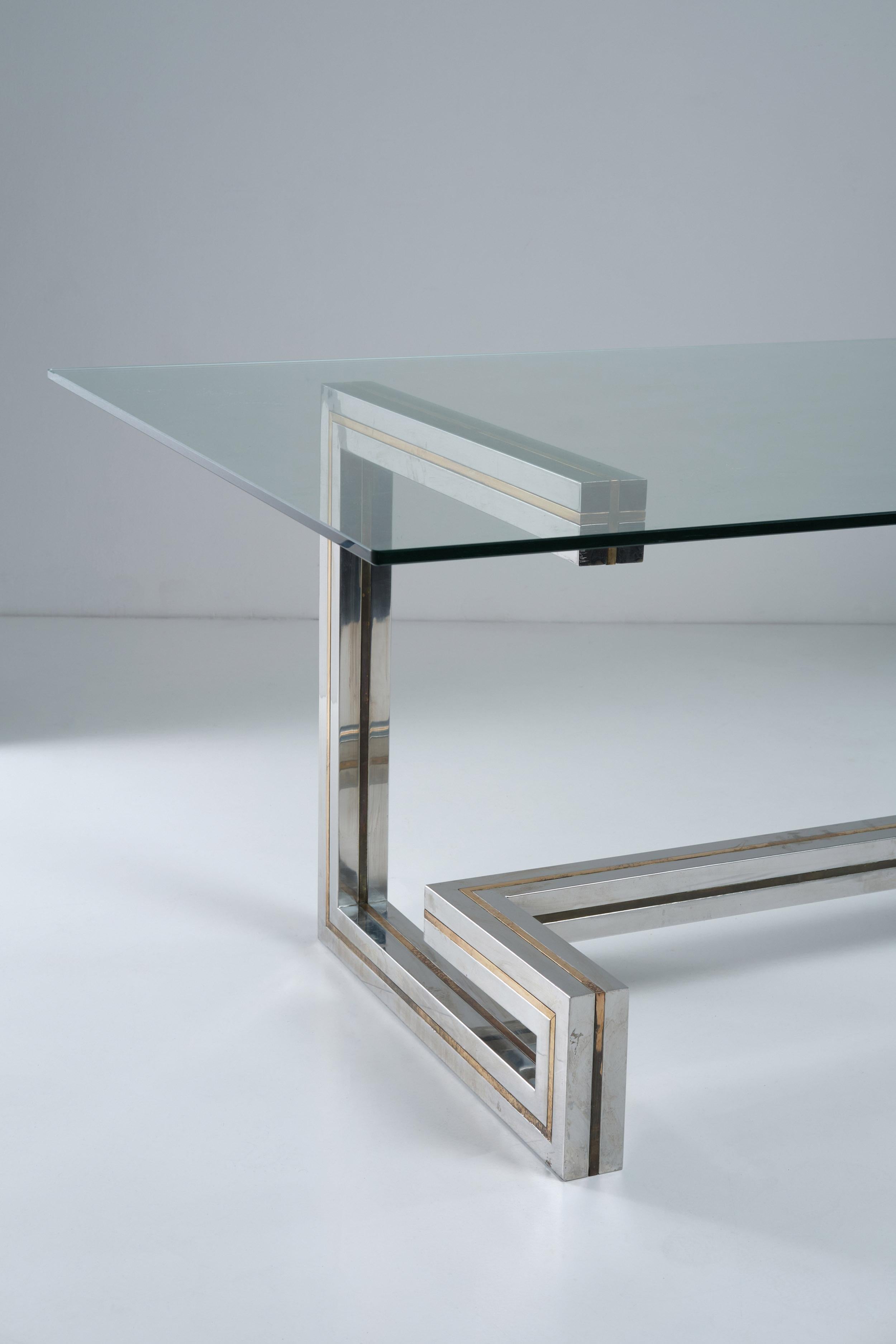 Italian Romeo Rega Dining Table in Steel and Brass with Glass Top, 1970s For Sale