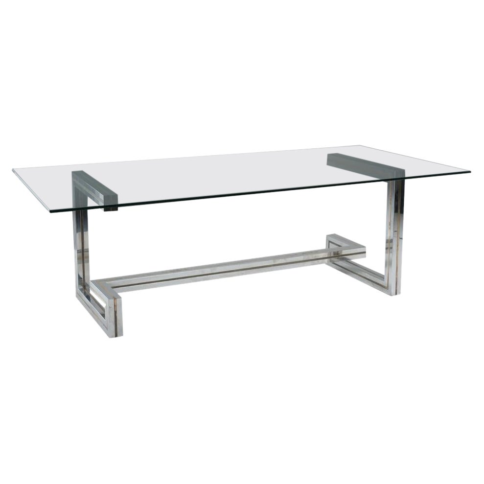 Mesa de comedor Romeo Rega de acero y latón con tapa de cristal, años 70