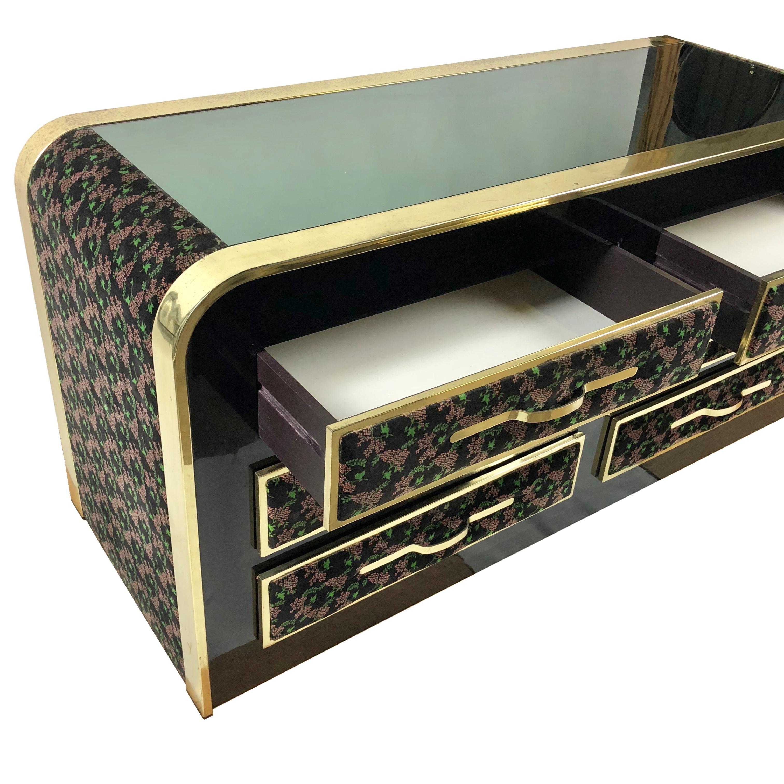 Italian Romeo Rega Dresser in Floral Velvet, Brass and Glass Italy, Mid-Century Modern For Sale