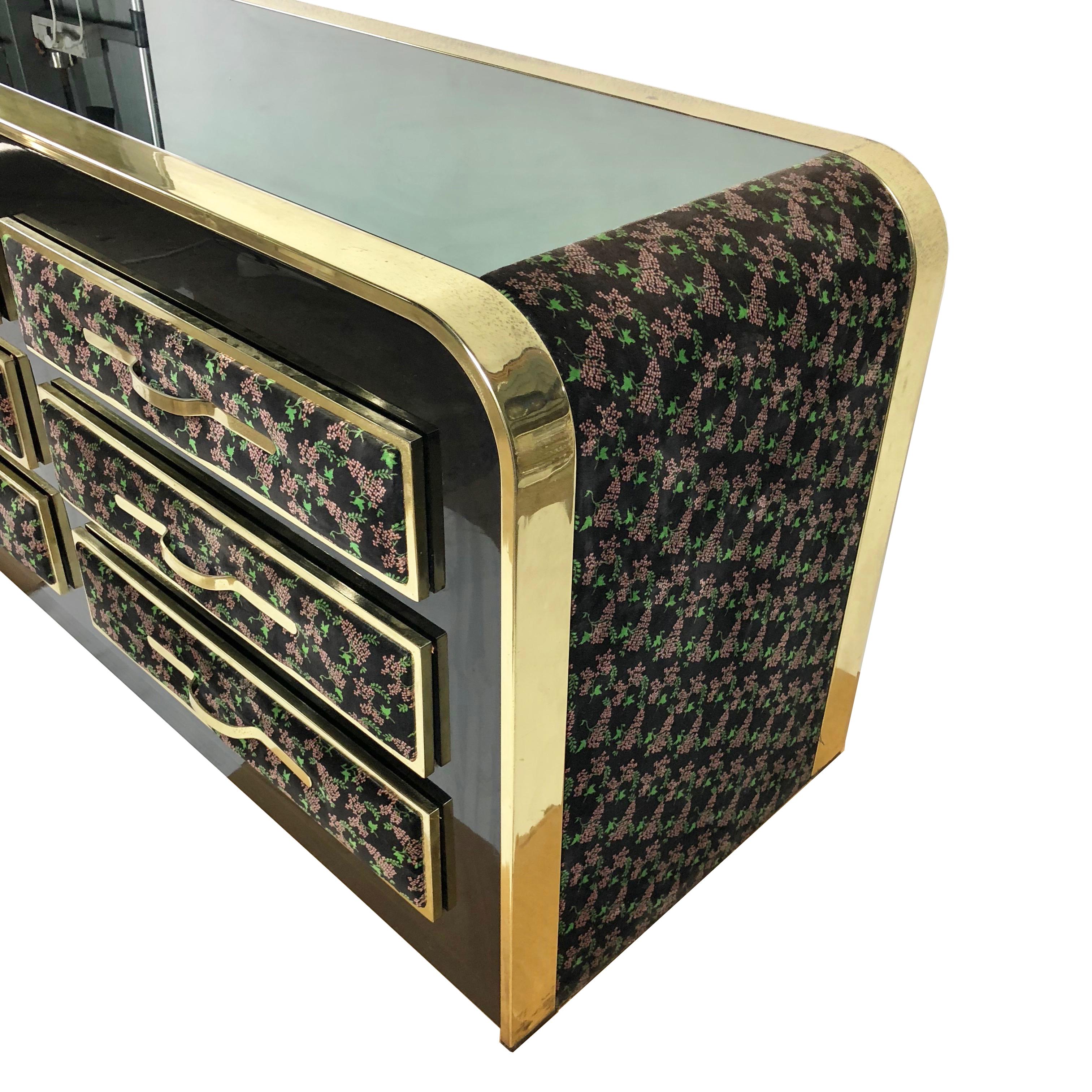 Romeo Rega Dresser in Floral Velvet, Brass and Glass Italy, Mid-Century Modern For Sale 1