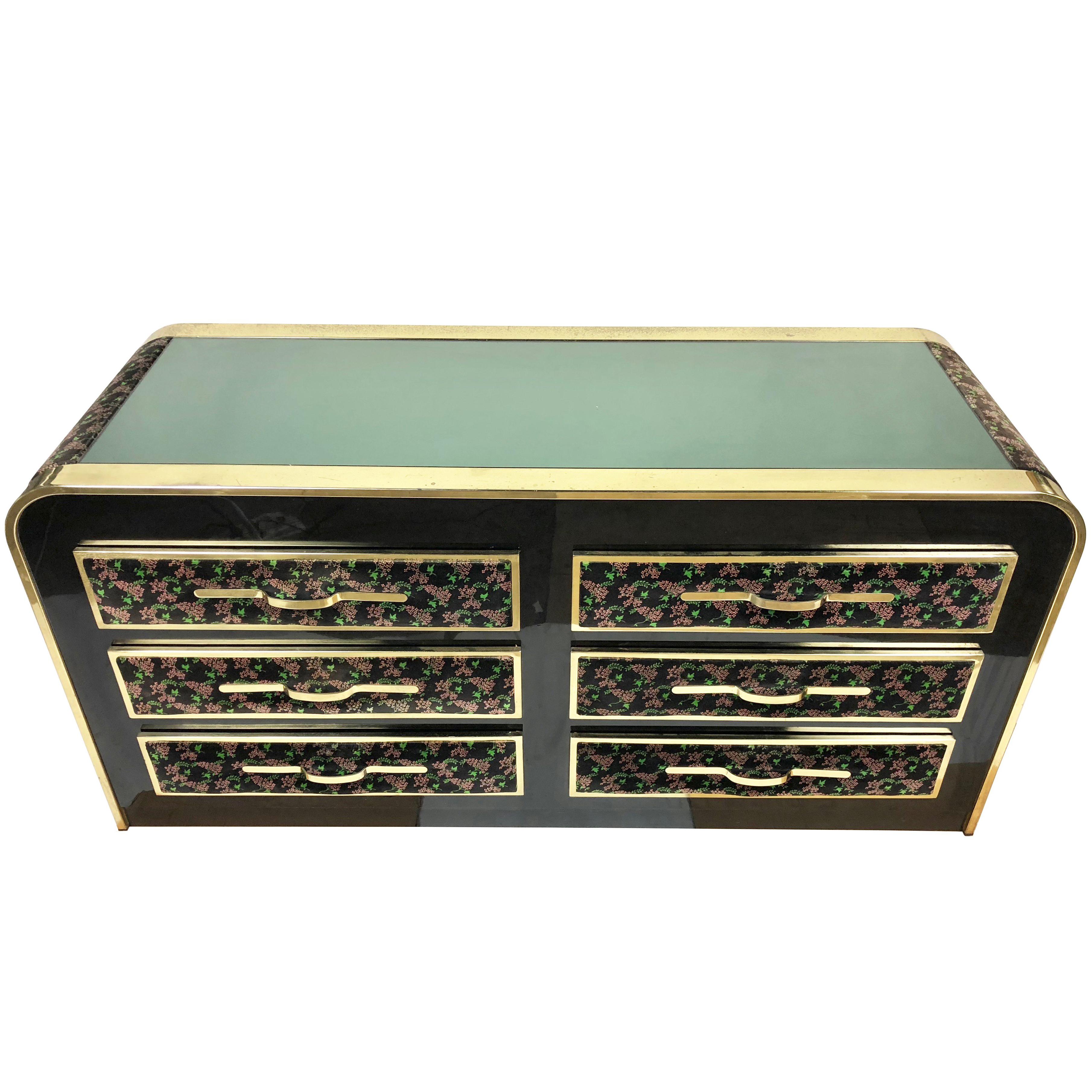 Romeo Rega Dresser in Floral Velvet, Brass and Glass Italy, Mid-Century Modern For Sale