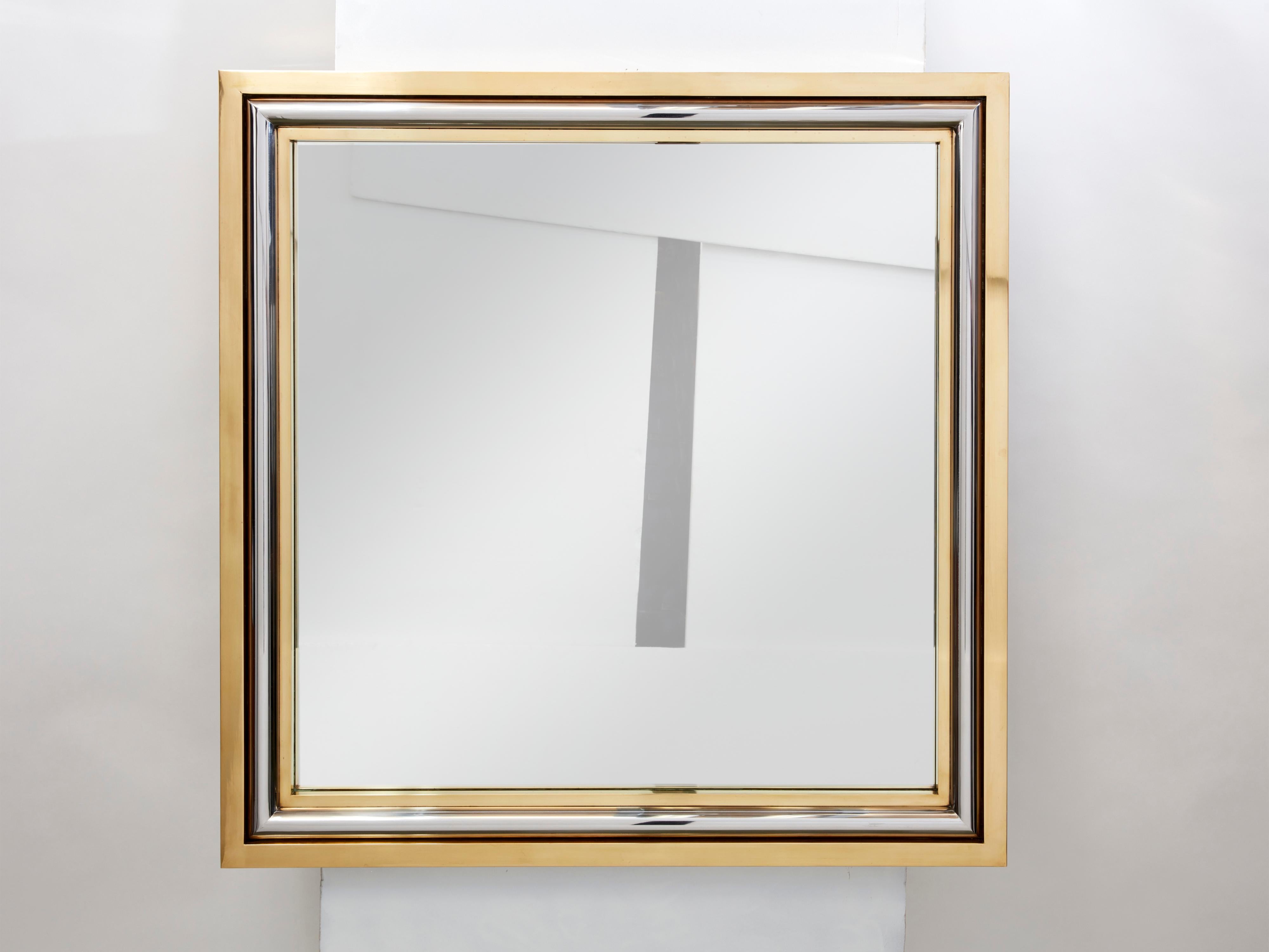 Romeo Rega for Metalarte Large Brass Chrome Square Mirror, 1970s For Sale 5