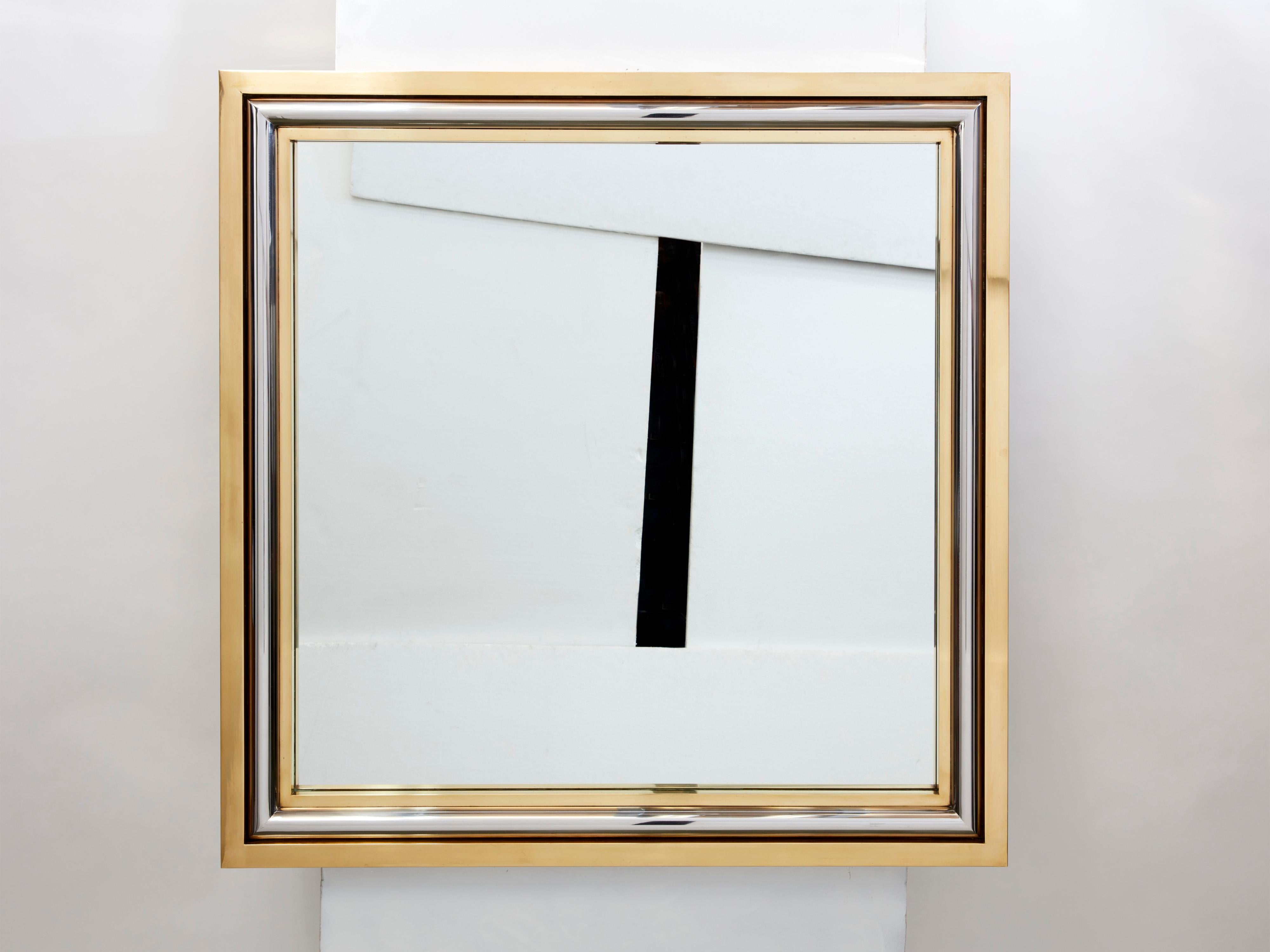 Late 20th Century Romeo Rega for Metalarte Large Brass Chrome Square Mirror, 1970s For Sale