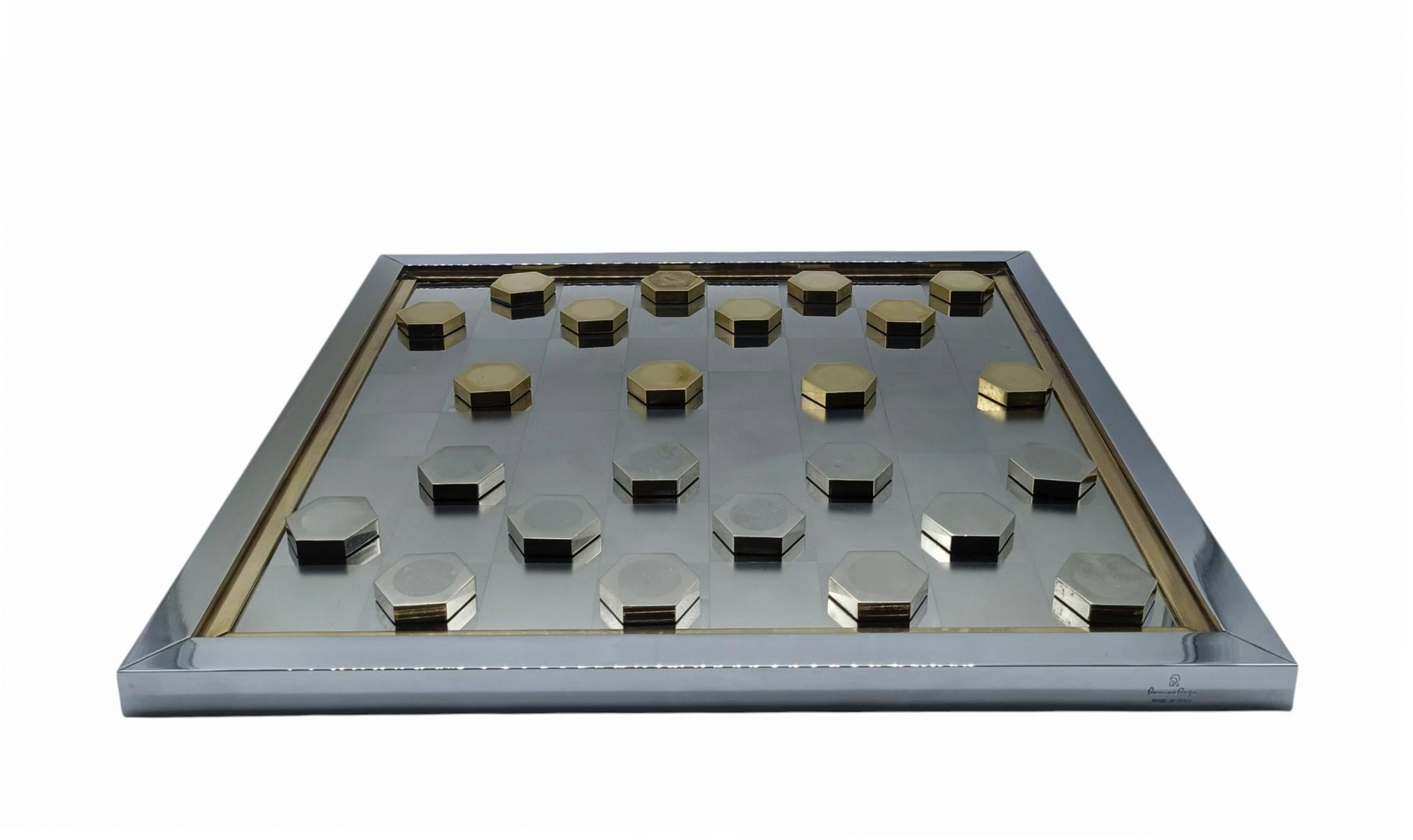 Mid-Century Modern Romeo Rega Gioco degli Scacchi in Ottone e Cromo, Firmata, Italia 1970s en vente
