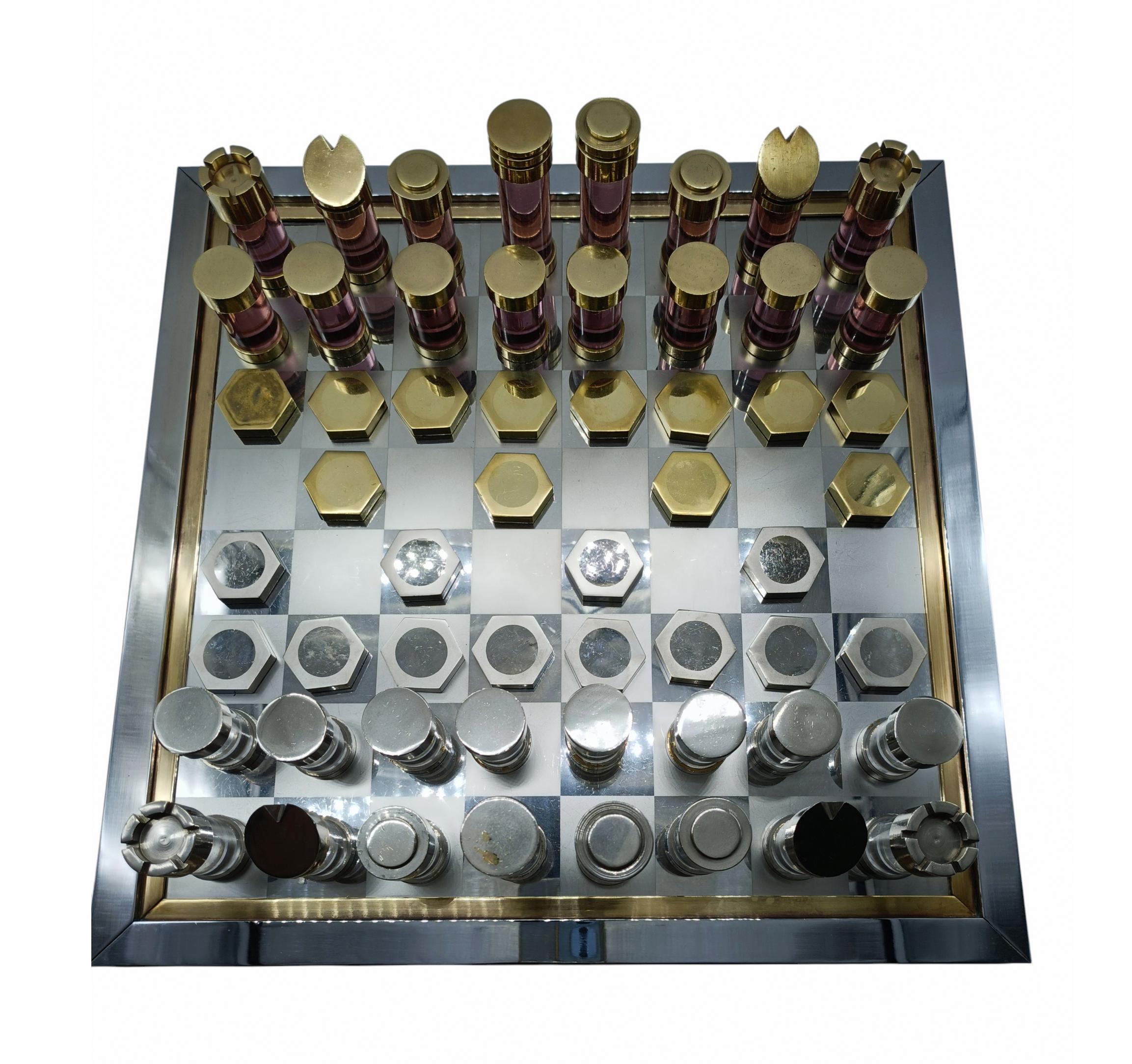 Romeo Rega Gioco degli Scacchi in Ottone e Cromo, Firmata, Italia 1970s en vente 1